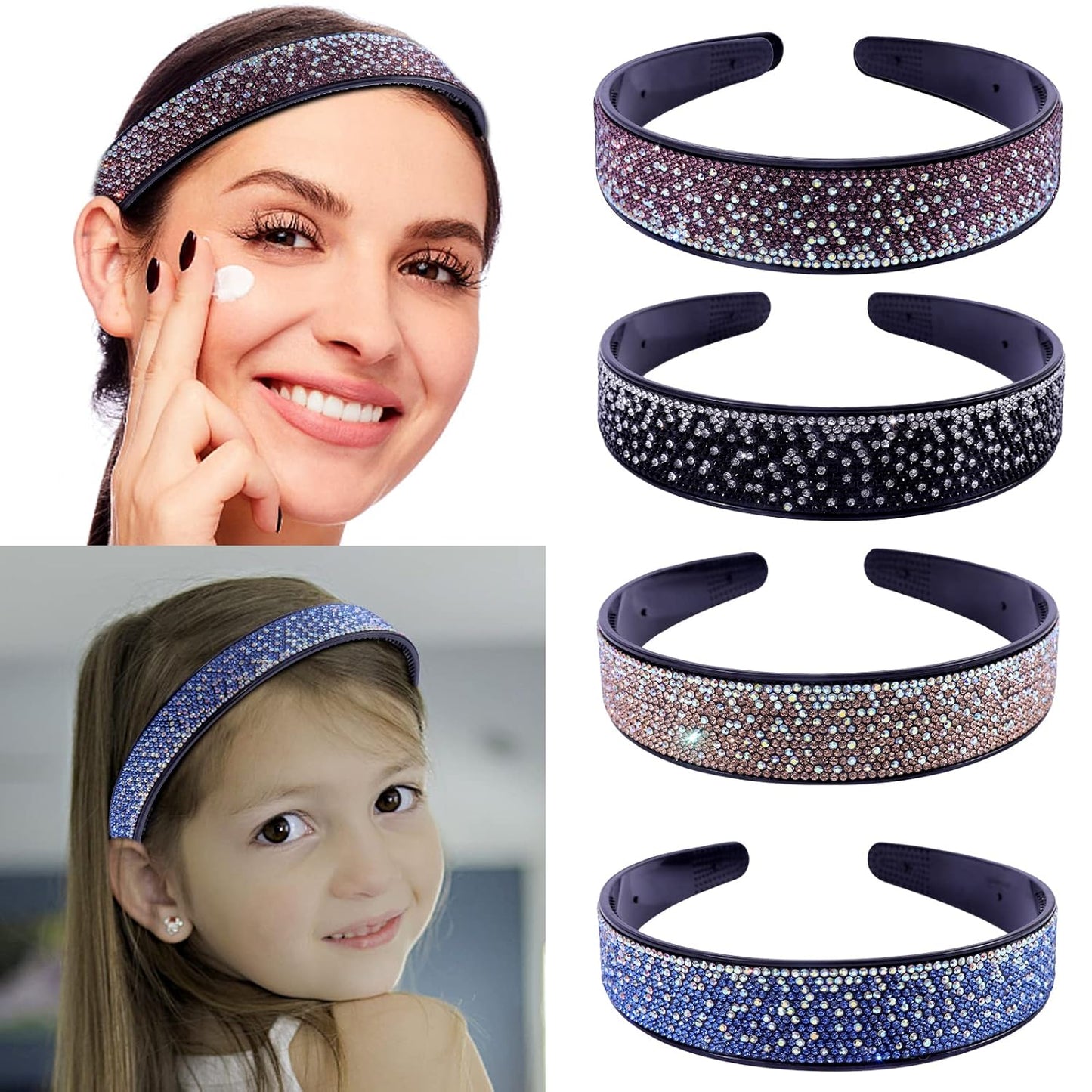 Rhinestone Headbands for Women Sparkly,4PCS Tie Dye Crystal Headband Non Slip,Tooth Hair Bands Rhinestone Hair Hoop,Comfortable Daily Prom Party Head Accessories