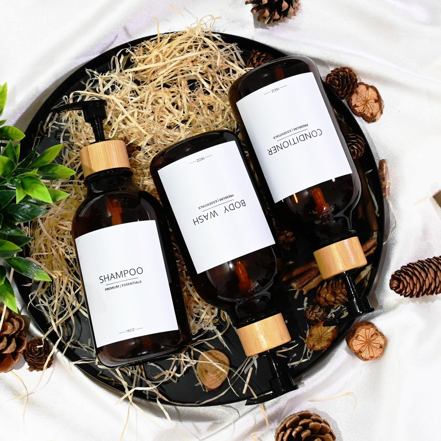 Shower Shampoo and Conditioner Bottles, Apothecary Dispenser Bamboo Pump, Refillable Bottles for Lotion Oil Hand Soap and Dish Soap, Plastic Set (3 Bottles 9 Labels) (6, Amber)