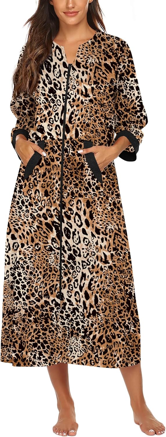 Ekouaer Women Zipper Robe 3/4 Sleeves Loungewear Dress Full Length Sleepwear Pockets Housecoat Nightgown Long Bathrobe