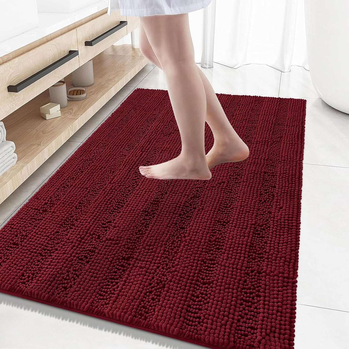 Grandaily Chenille Striped Bathroom Rugs 59x35, Extra Thick and Absorbent Bath Mats, Non-Slip Soft Plush Shaggy Shower Carpet, Machine Wash Dry, Bath Rug for Bathroom, Burgundy