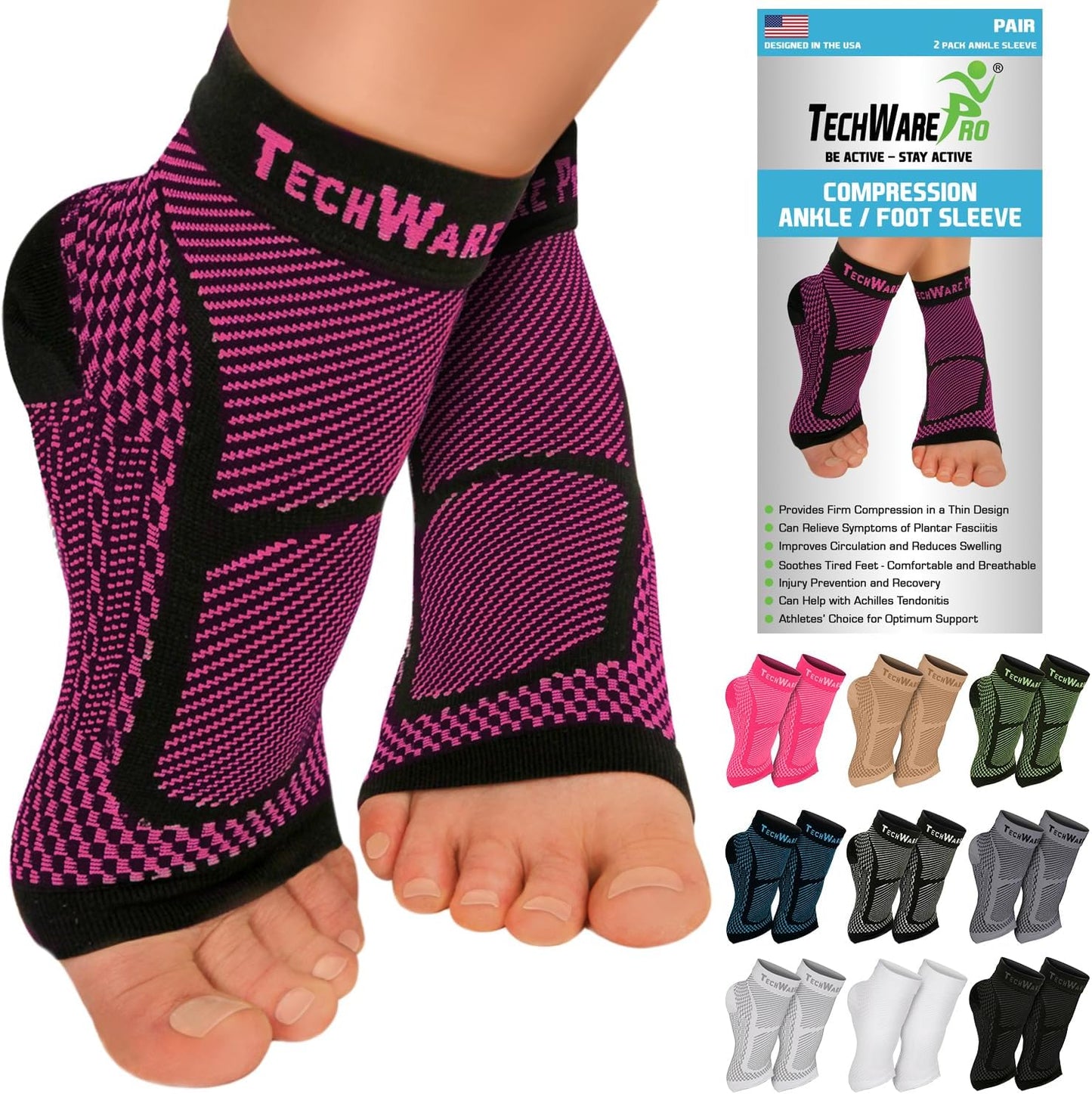TechWare Pro Ankle Brace Compression Sleeve - Plantar Fasciitis Sock. Relieves Achilles Tendonitis. Foot Arch Support Reduces Joint Pain, Swelling & Heel Spur Pain. Injury Recovery Braces for Sports