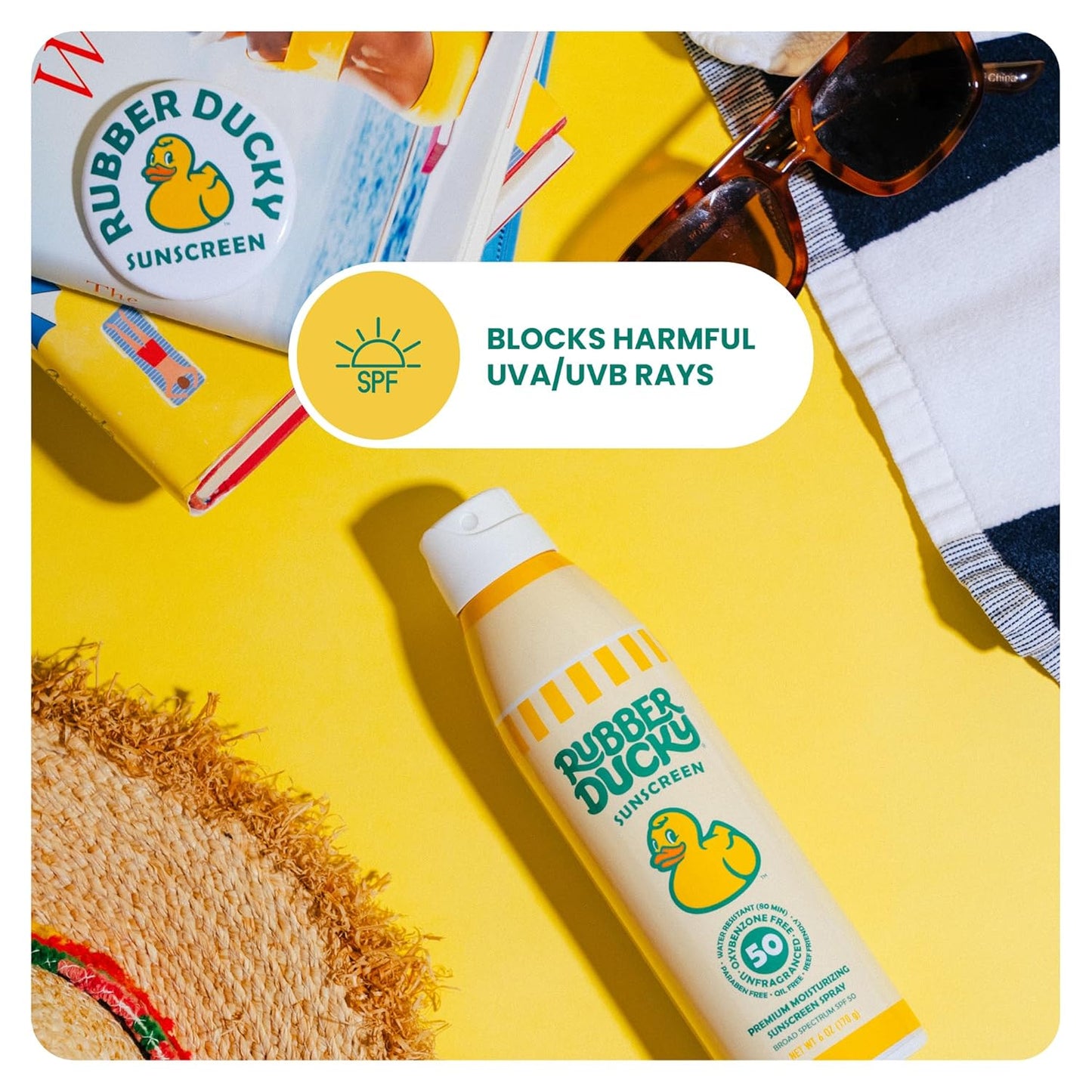 Rubber Ducky - Moisturizing Sunscreen Spray SPF 50, Easy To Apply, No White Residue, Reef Safe, Sun Protection, Water Resistant, Vegan, Broad Spectrum Sunscreen for Face and Body - Beach Scent (6 Oz)