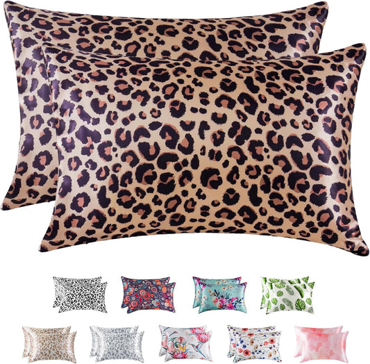 MR&HM Satin Pillowcase for Hair and Skin, Silk Satin Pillowcase 2 Pack, King Size Pillow Cases Set of 2, Silky Pillow Cover with Envelope Closure (20x36, Brown Leopard)
