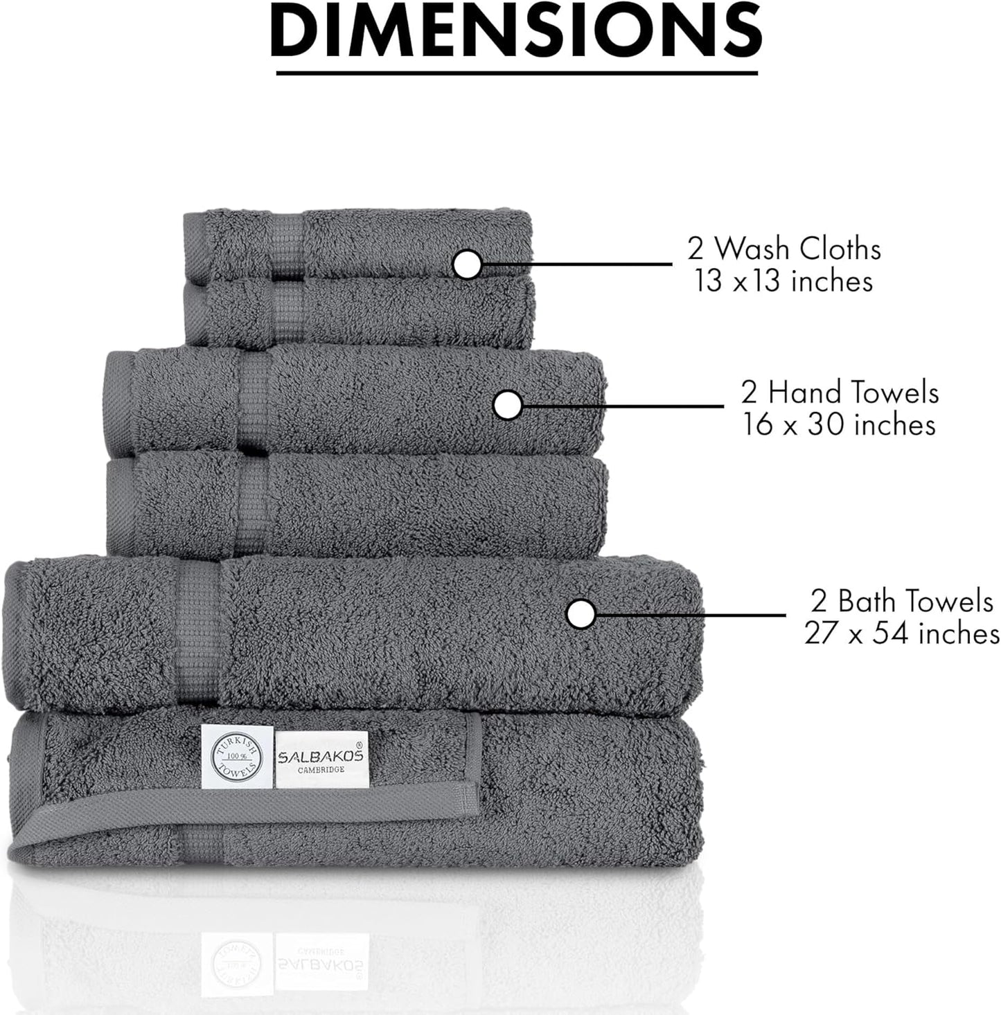 SALBAKOS 100% Turkish Cotton 6-Piece Towel Set | Heirloom Quality Hotel & Spa Collection | Ultra Soft, Super Absorbent 2 Washcloth, 2 Hand, 2 Bath Towel Sets | Made in Turkey (Gray, 6 Piece Towel Set)