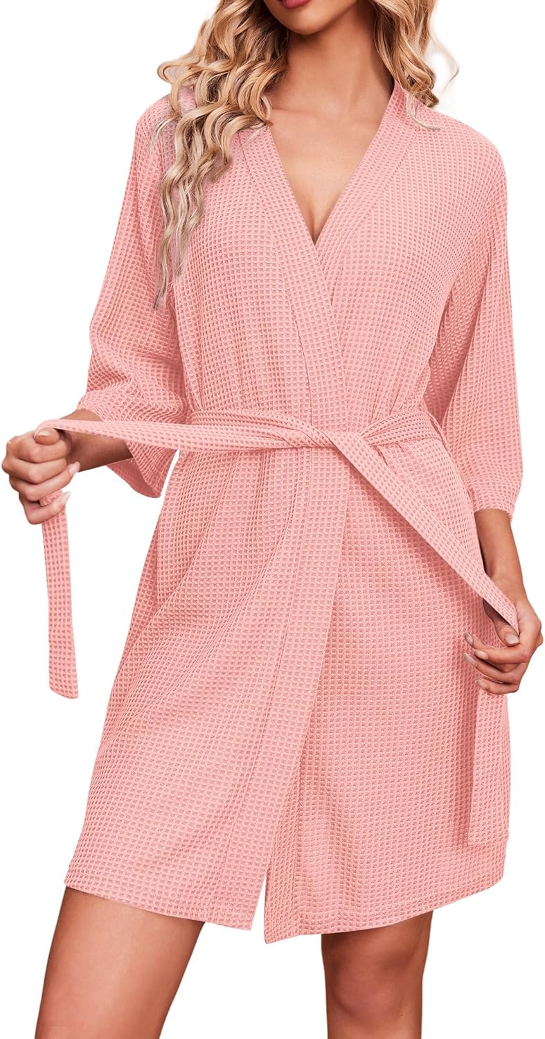 Ekouaer Robes for Women Waffle Knit Bathrobe Soft Lightweight Knee Length Loungewear S-XXL