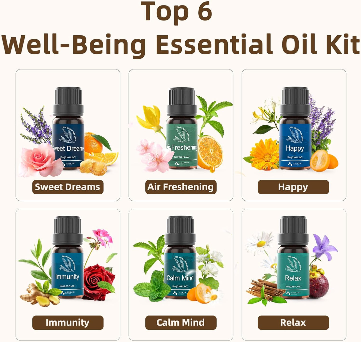 ASAKUKI Essential Oil Diffuser, Aromatherapy Cool Mist Home Humidifier with 7 LED Color Changing Light and Auto-Off Safety Switch, 6 Essential Oils Set, 300ml (Brown with Oils)