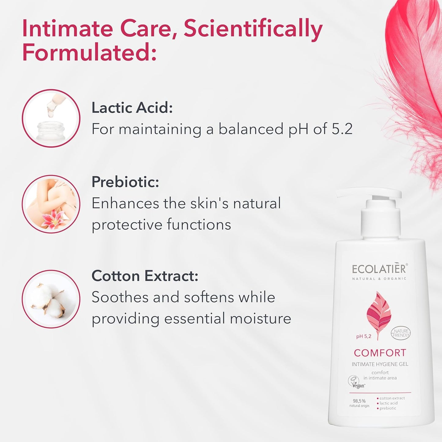 Feminine Wash Comfort with Cotton Extract – 98.5% Natural, Vegan, pH 5.2 Balanced Feminine Wash for Women, Gentle and Soothing Daily Intimate Wash, Restores Moisture and Microflora, 8.5 Fl Oz