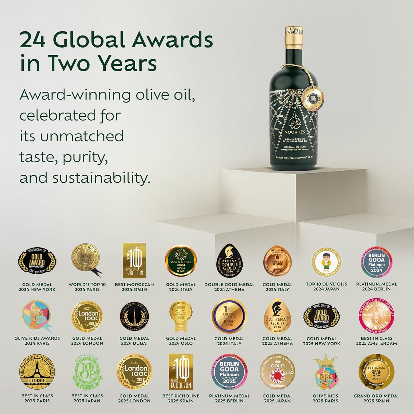 NOOR FÈS 20+ Awards EVOO | Polyphenol Rich 584 mg/kg | USDA Organic Extra Virgin Olive Oil | Moroccan Picholine | Cold Pressed Olive Oil | Great Gift for Chefs | 17 Oz