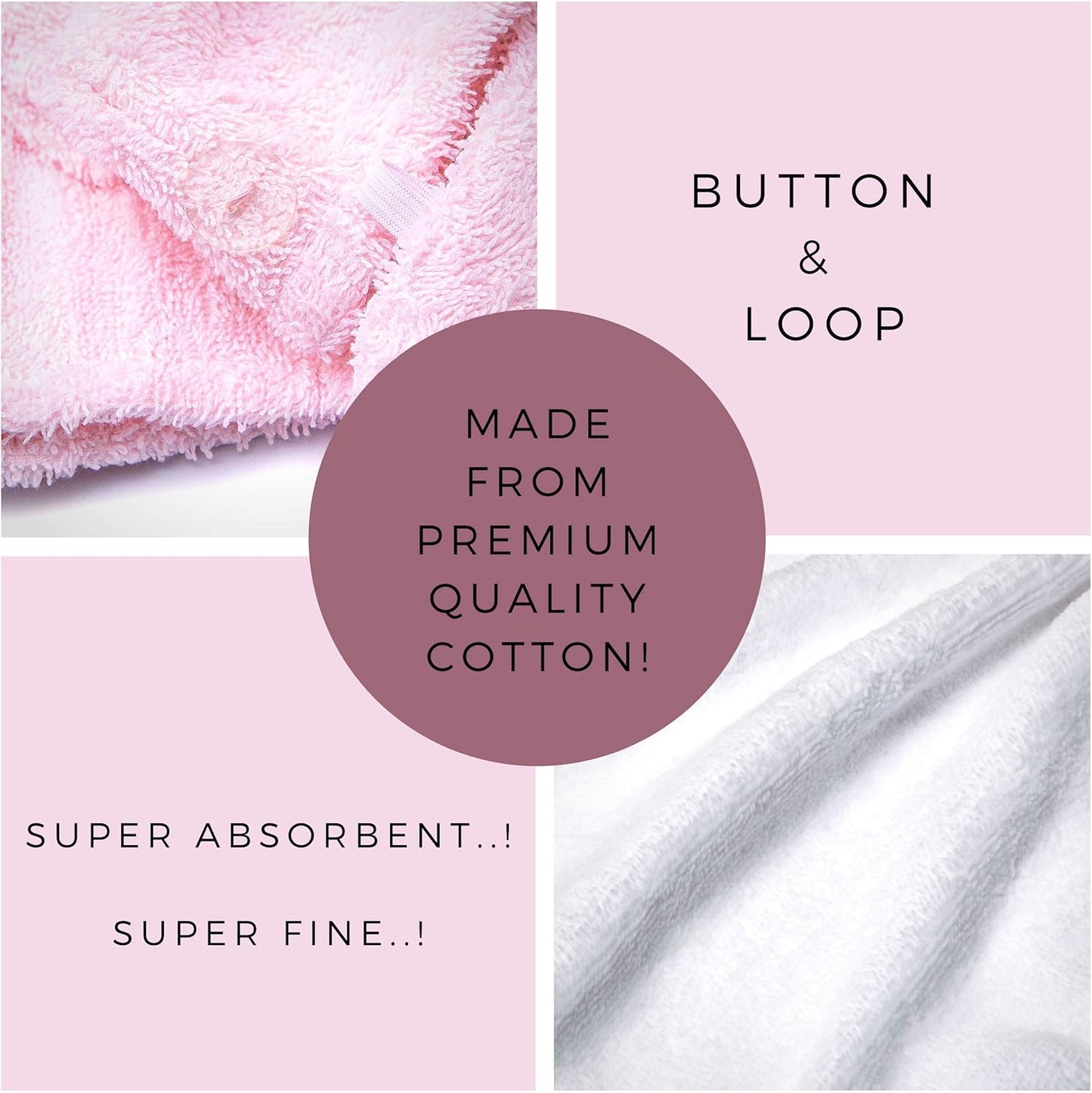 KEEPOZ Hair Towel Wrap Quick Dry 100% Cotton Super Absorbent Turban Head Wrap for Women with Button, Non Microfiber Anti Frizz Hair Cap for Curly, Long & Thick Hair (Pink+White, 2 Pcs)