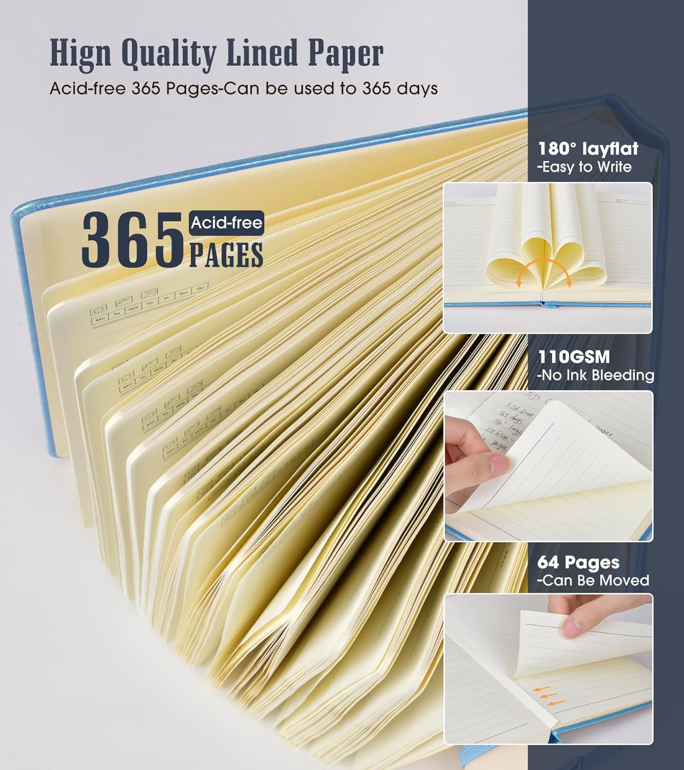 Lined Journal Notebook, 365 Pages B5 Large Hardcover Leather Journal for Women Men, College Ruled, 100Gsm Thick Paper (7.6'' X 10'' Blue)