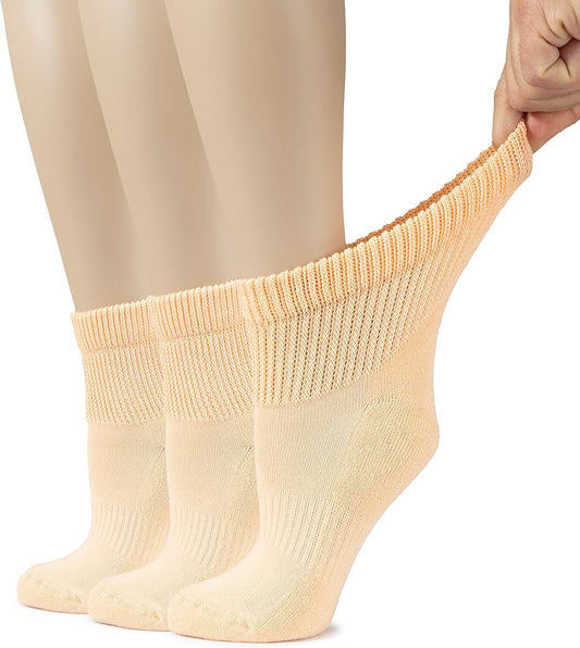 Hugh Ugoli Women's Cotton Diabetic Ankle Socks, Wide, Loose, Stretchy, Seamless Toe, Non Binding Top Semi Cushion, 3-6 Pairs