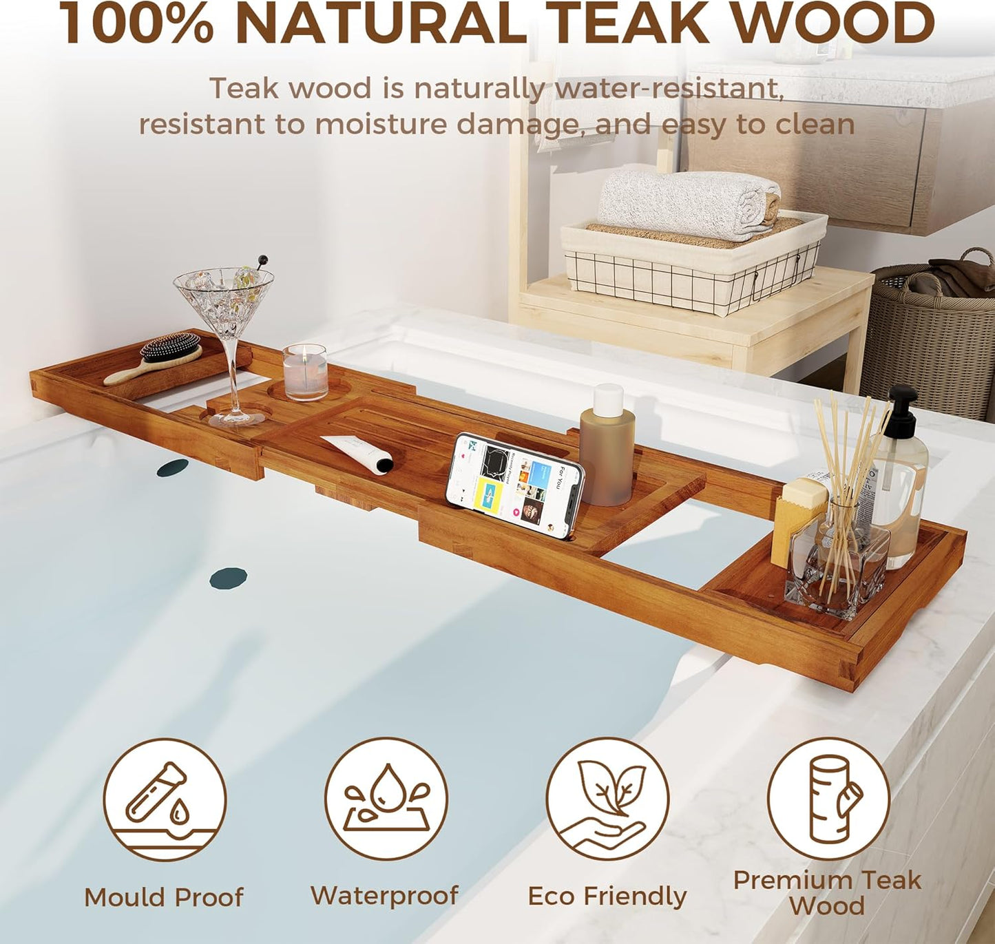 Teak Bathtub Tray - Luxury Bath Tray with Expandable Handles, Wine Glass and Phone Holders, Book Stand - Perfect for Home Spa Relaxation and Reading - Natural Bath Accessories - Light Walnut Color
