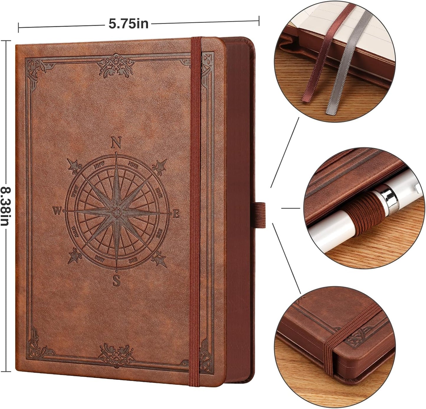 AHGXG Thick Journal Blank Notebook for Men - 320 Numbered Pages A5 Notebook for Writing, 100gsm Plain Paper, Vintage Leather Hardcover, for Women Work Office School, 5.75'' X 8.38''- Brown