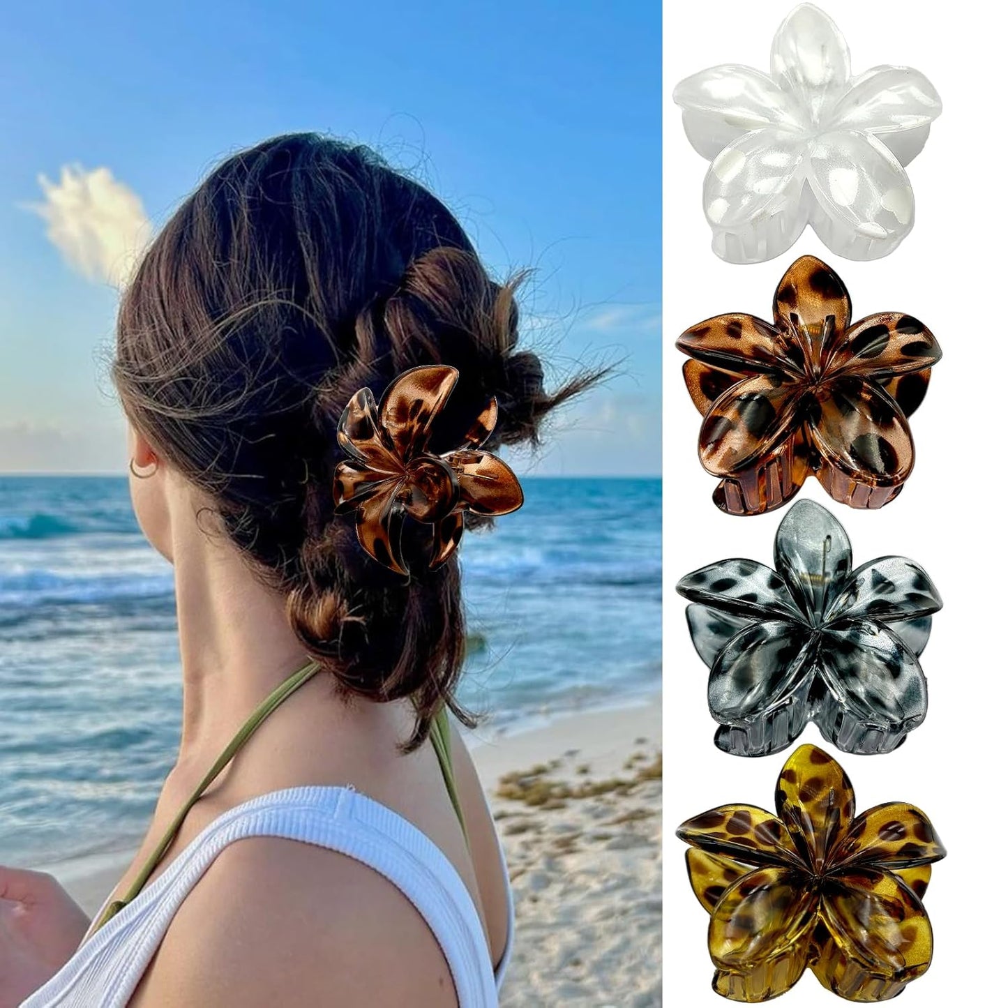 Flower Hair Claw Clips for Women, 4 Pack Hawaiian Flower Hair Clips, Plumeria Leopard-prints Claw Clips for Thick Thin Hair, Large Strong Hold Nonslip Hair Accessories for Women Girls (LP-4 Colors)