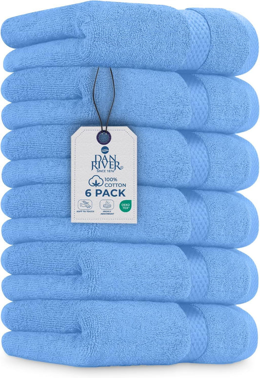 DAN RIVER 6-Pack Premium Hand Towels (16x28 Inches) - 100% Cotton, Ultra Soft, Lightweight, Highly Absorbent Towels for Bathroom, Spa, Gym, Salon, Hotel, and Travel - 550 GSM – M-Blue