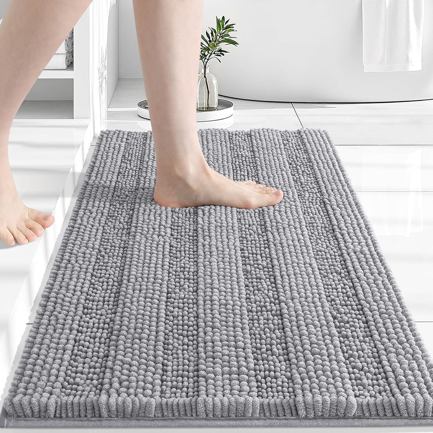 Grandaily Chenille Striped Bathroom Rugs 24x16, Extra Thick and Absorbent Bath Mats, Non-Slip Soft Plush Shaggy Shower Carpet, Machine Wash Dry, Bath Rug for Bathroom, (Small, Light Grey)