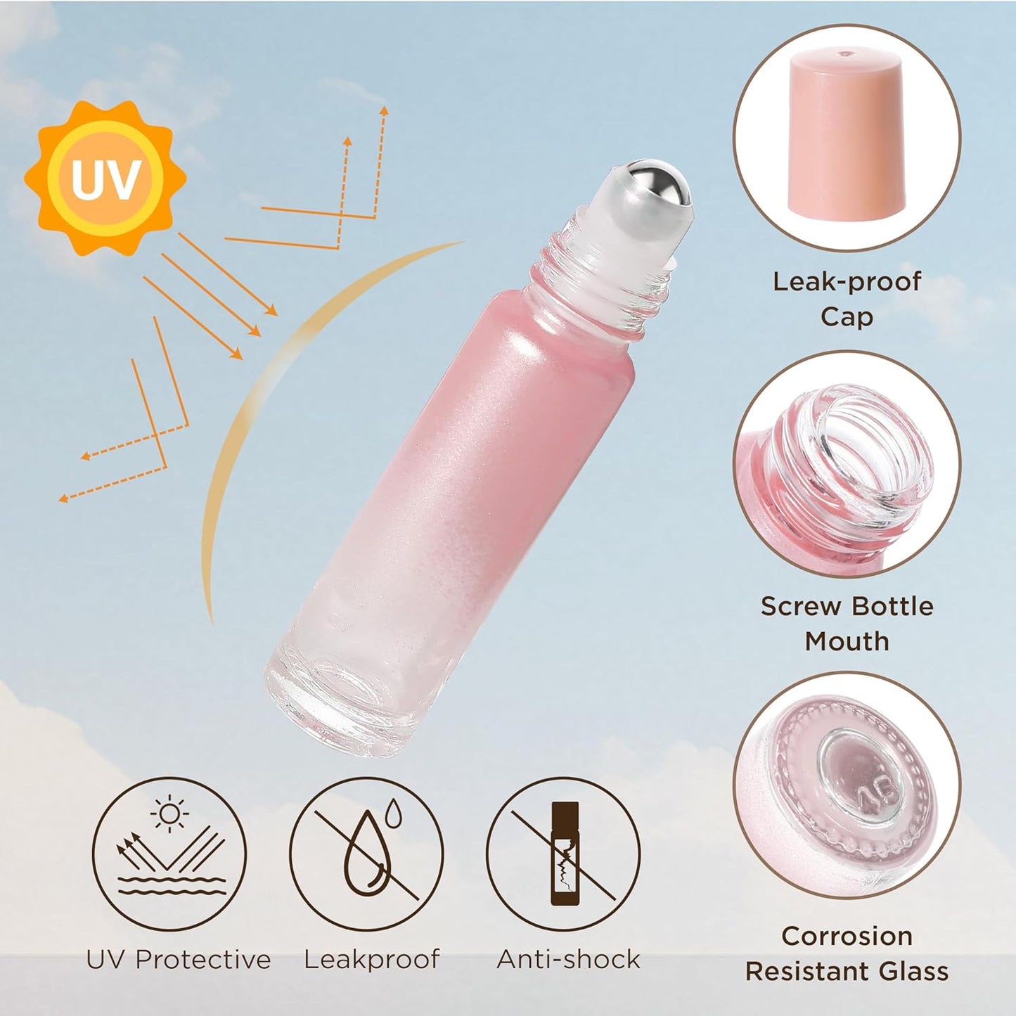 Essential Oil Roller Bottles, 10ml Thick Glass Perfume Roller Bottles with Funnel Opener and Dropper Colored Glass Empty Bottles with Stainless Steel Roller Balls (Pink, 12 Pack)