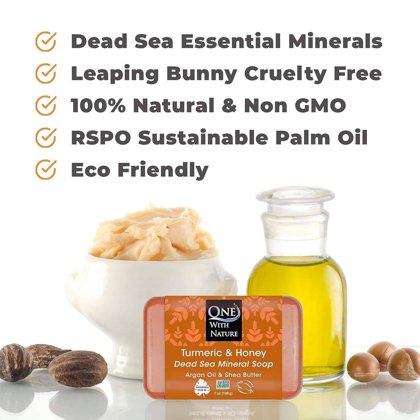 One With Nature Dead Sea Salt Turmeric Soap 7oz 3-Pack – Purifying and Exfoliating Soap Bar with Dead Sea Minerals and Honey for Face & Body, for Men & Women