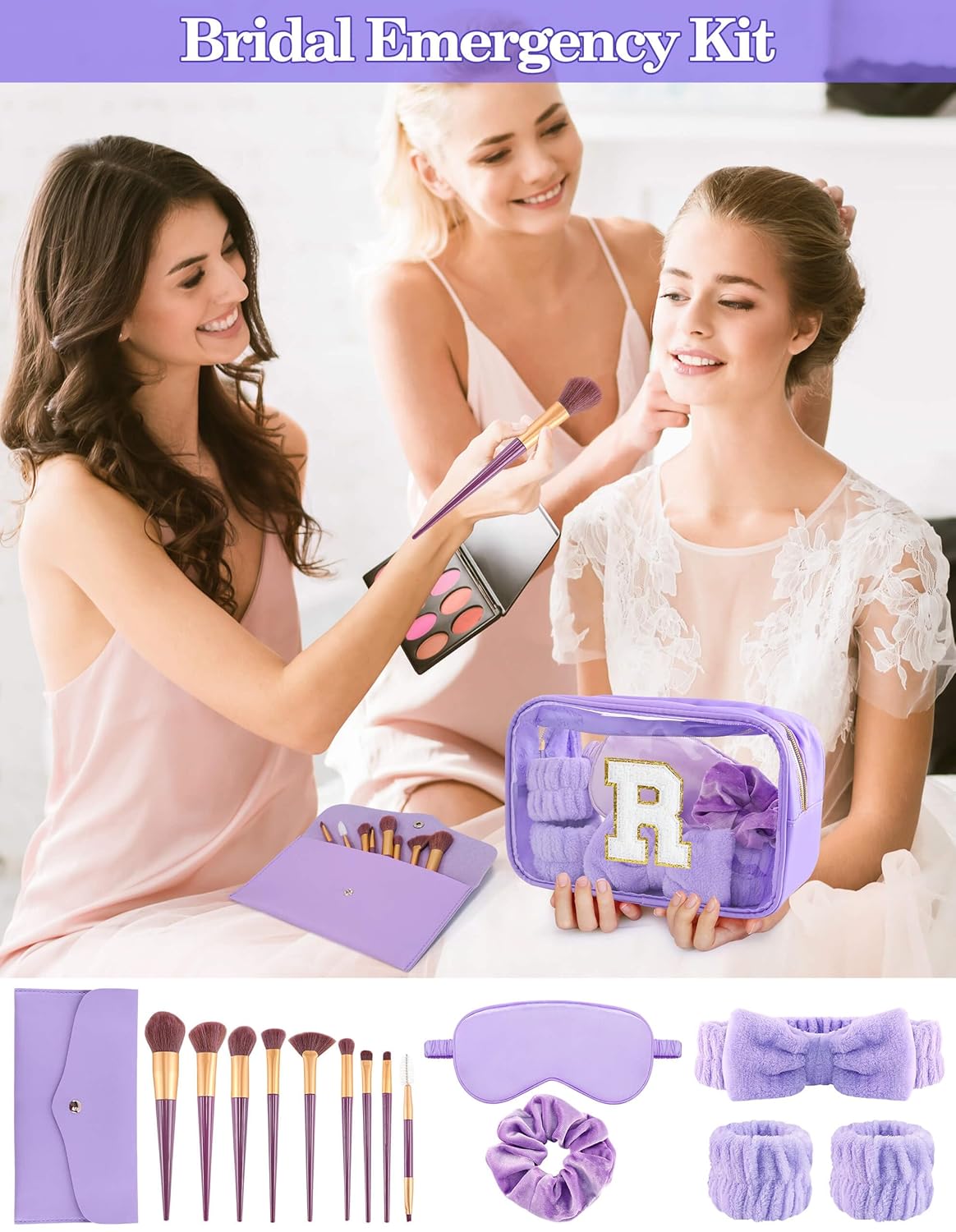 Gift Sets for Women, Initial Makeup Bag with Makeup Brush Set Bachelorette Party Favors, Purple Spa Kit with Skincare Headbands Wrist Bands Sleepover Party Supplies Gifts for Teen Girls Bridesmaid R