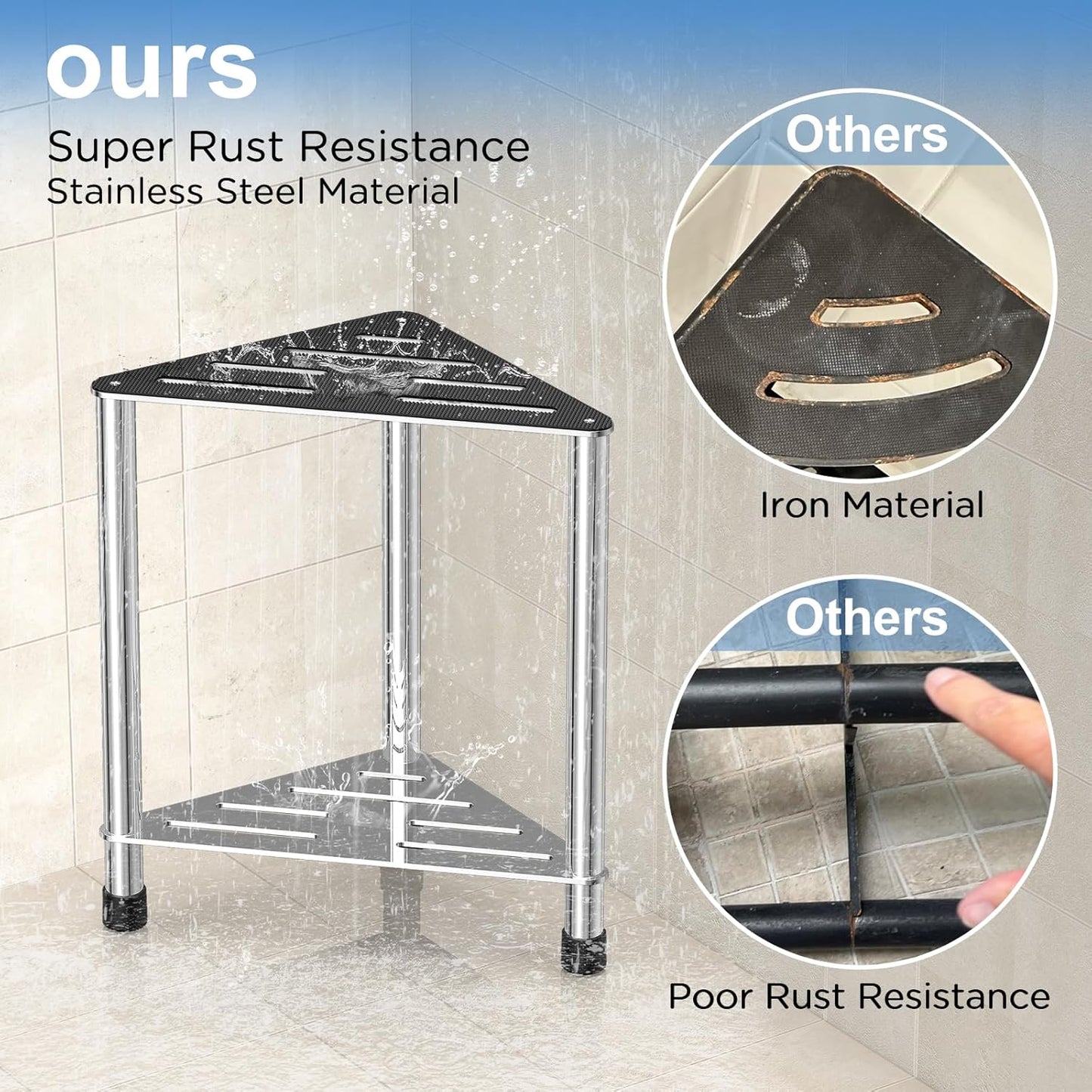 Stainless Steel Shower Stool for Inside Shower, 15.4'' H Shower Foot Rest, Corner Shower Stool with Storage Shelf, Shower Step for Shaving Legs, Bathroom Corner Shower Bench, Silver