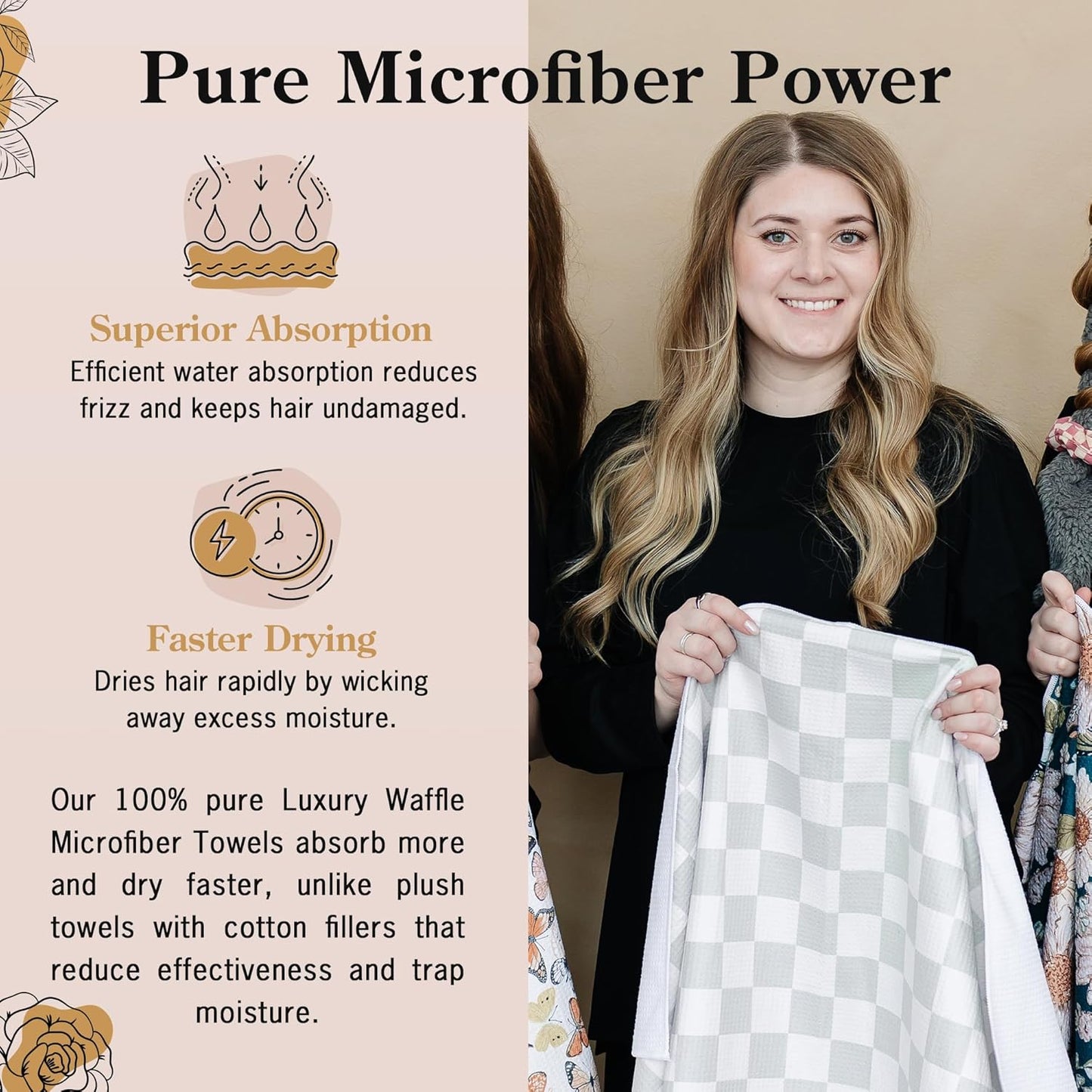 Greige Checkered Microfiber Hair Towel Wrap for Women: Quick Dry, Anti-Frizz Hair Drying Towel for Long, Curly, or Wet Hair. Soft Hair Wrap Turban for Shower, Spa & Travel