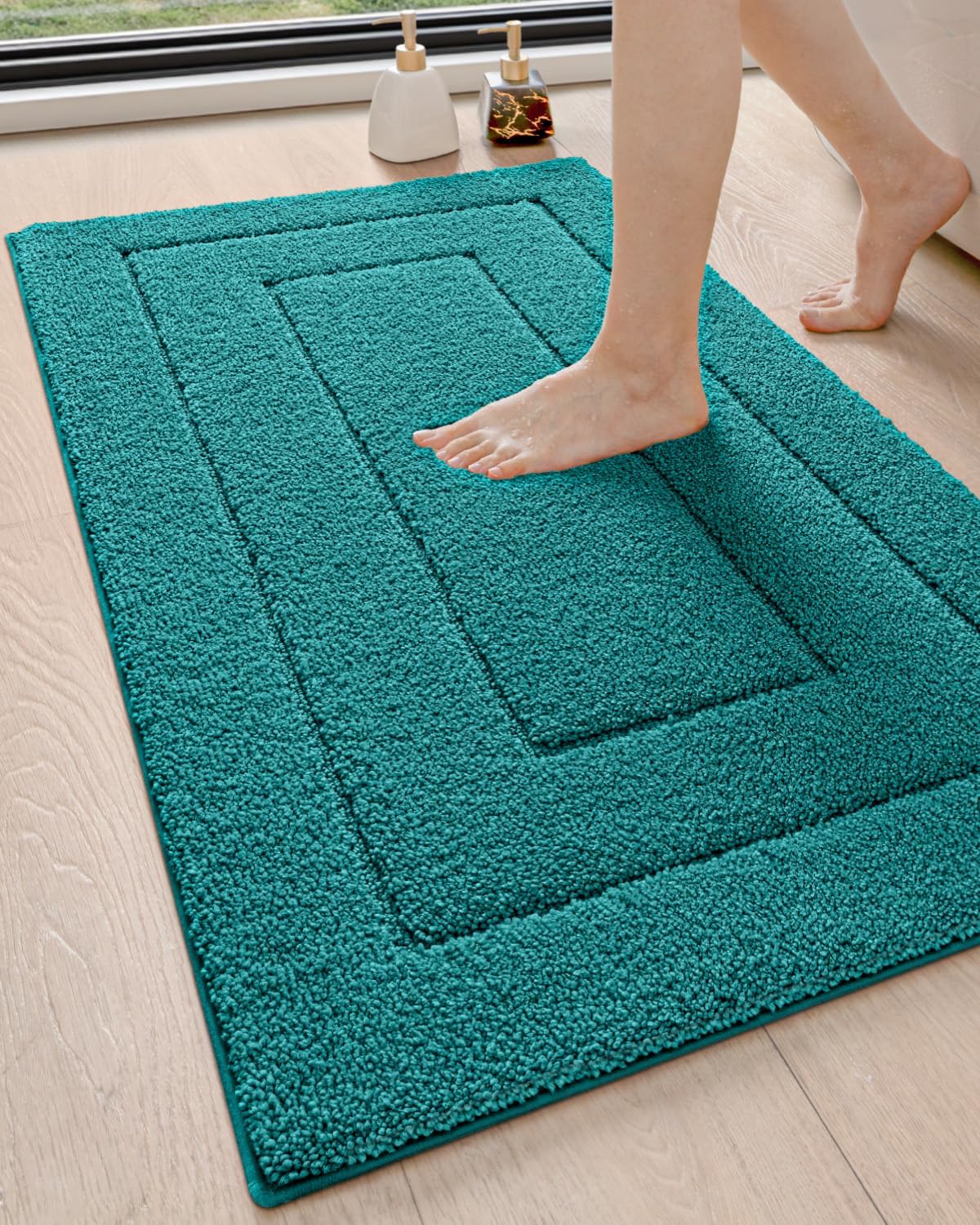 DEXI Bathroom Rug 43x24, Non Slip Washable Bath Mat for Shower Floor, Extra Large Absorbent Soft Bathmat with Rubber Backing, Quick Dry Microfiber Carpet, Teal