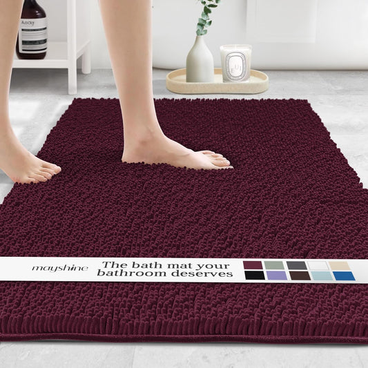 MAYSHINE Plush Shaggy Chenille Bath Mat | Extra Soft, Super Absorbent, Non-Slip Bathroom Rug | Fluffy Microfiber, Area Rug Sets for Bathroom Floor, Kitchen, Living Room | 59"x31" | Burgundy