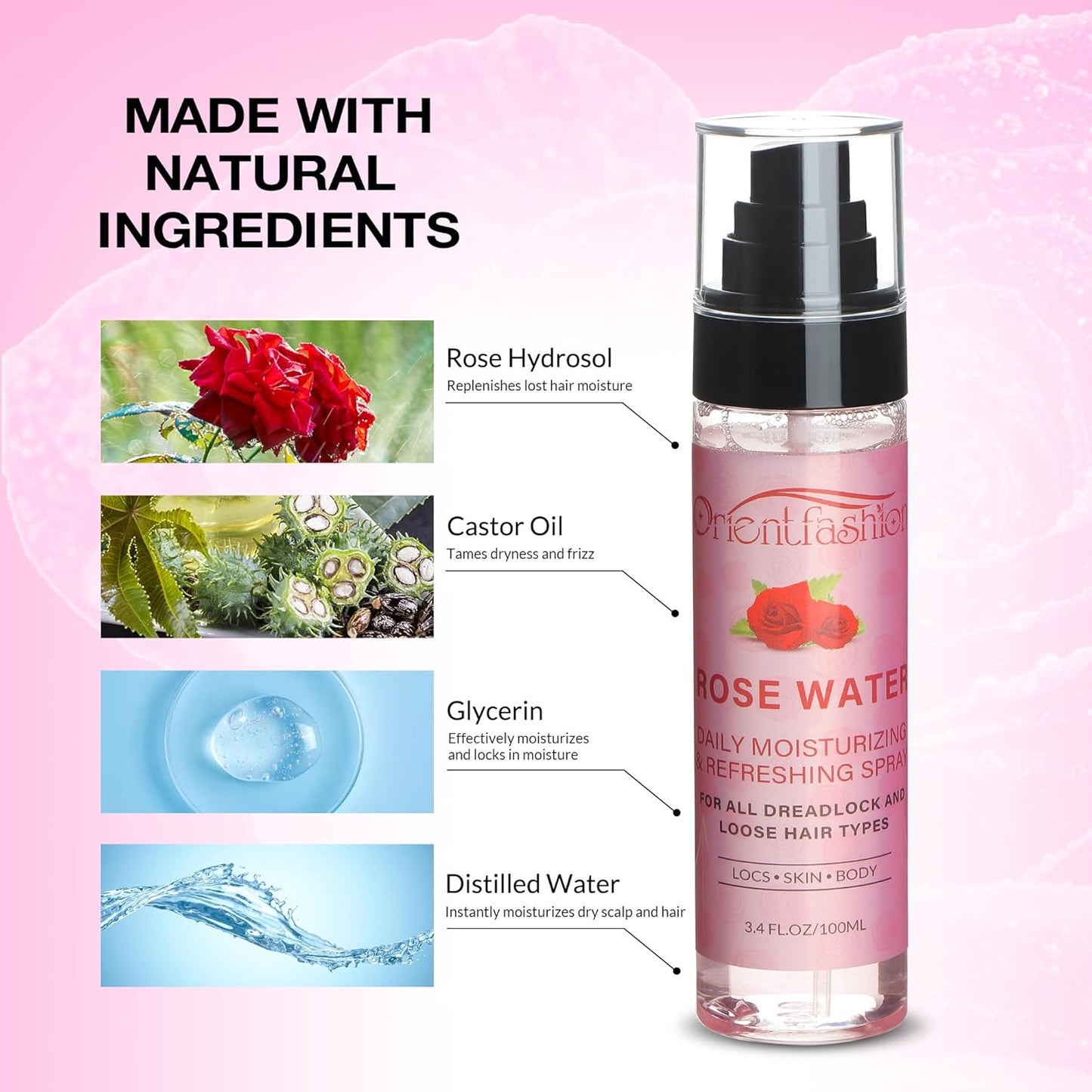 Orientfashion Moisturizing Refreshing Spray for Locs - Rose Water and Peppermint Hair Scalp Moisturizer Natural Loc Care and Maintenance (Rose, 3.4 Fl oz)