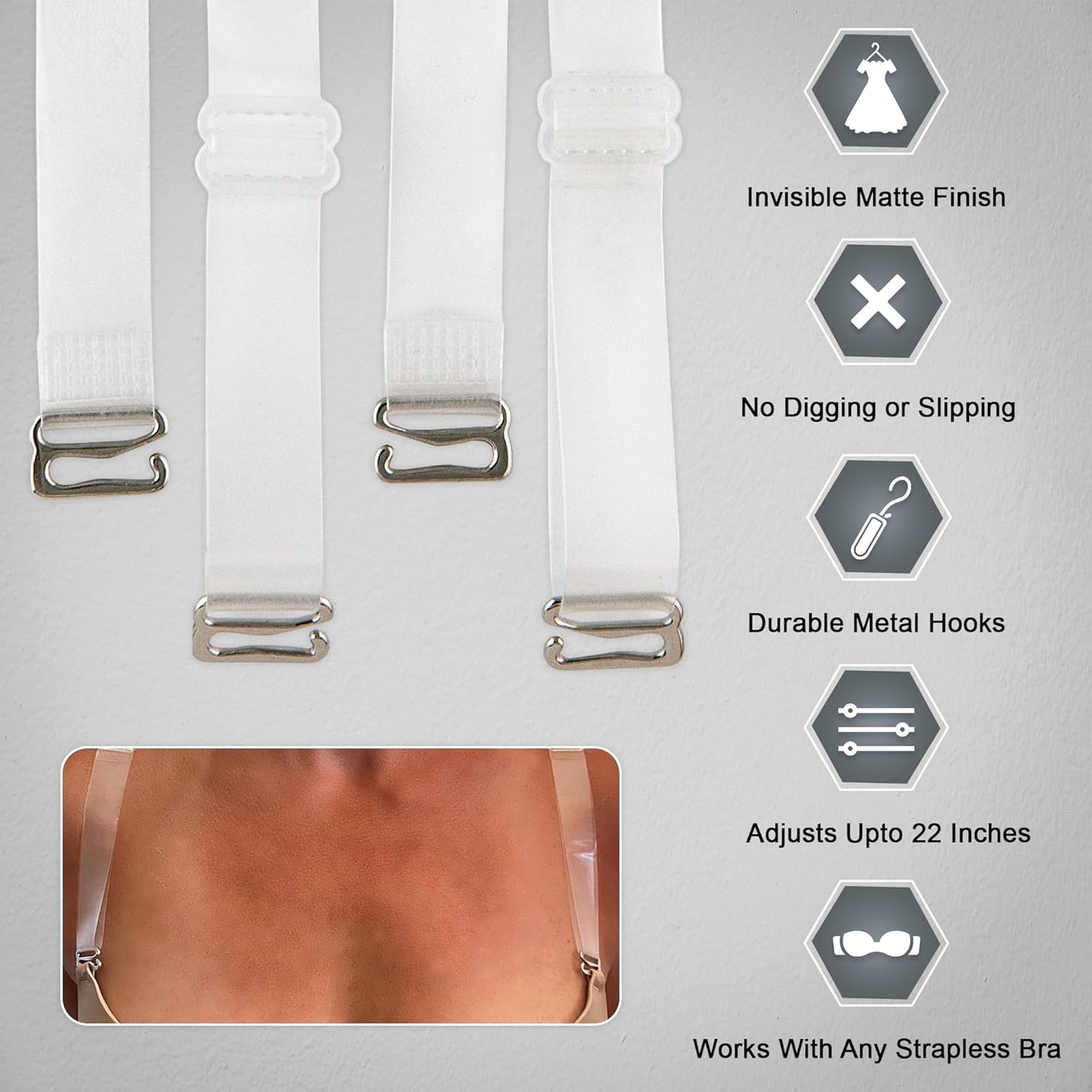Fashion First Aid Clearly Gone Invisible Clear Bra Straps for Women – 3/4 Inch Wide with Metal Hooks – Adjustable Transparent Strap Pair for Strapless and Convertible Bras