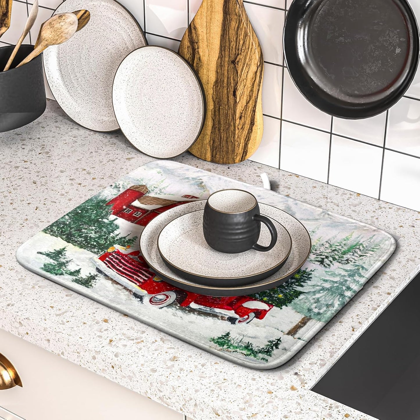 Winter Red Truck Dish Drying Mat Christmas Tree Dishes Pad 16x18 Inch Dish Drainer Rack Mats Absorbent Fast Dry Kitchen Holiday Accessories