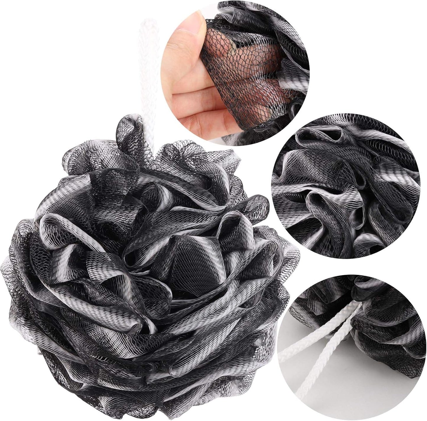 BTYMS 4 Pieces Loofah Sponge Shower Puff Exfoliating Bath Sponge 60g Mesh Pouf Bath Loofahs Black Shower Scrunchies for Bathing