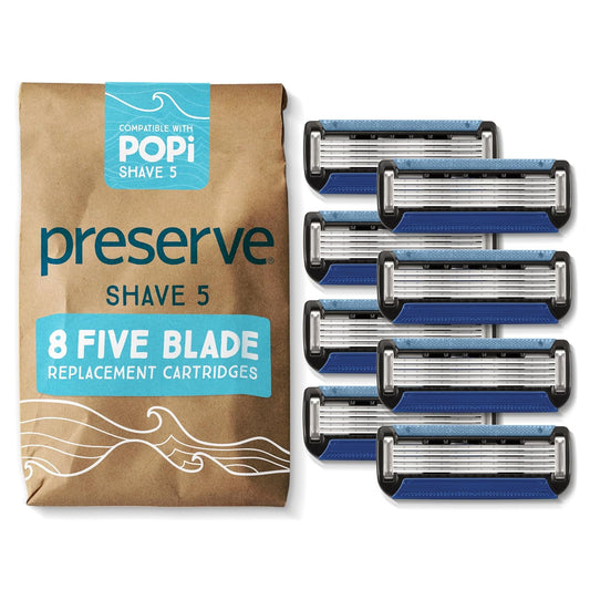 Preserve POPi Shave Razor Blades Refills - 5 Blade Razors for Men & Women - Ceramic Coated Shavers for Comfort with Aloe-Cocoa Butter Strip - Reusable Shaving Refill - 8 Pack