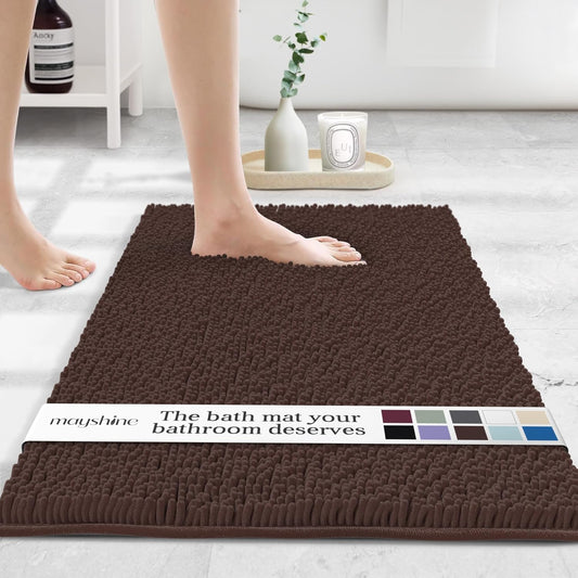 MAYSHINE Plush Shaggy Chenille Bath Mat | Extra Soft, Super Absorbent, Non-Slip Bathroom Rug | Fluffy Microfiber, Area Rug Sets for Bathroom Floor, Kitchen, Living Room | 32"x20" | Brown