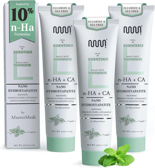 MasterMedi Nano Hydroxyapatite Toothpaste (Inspired by 10% nHA Formulas), Fluoride-Free, Whitening, Sensitive Teeth Care, Enamel Support, SLS Free, Xylitol, Magic Mint, 4 Oz (Pack of 3)