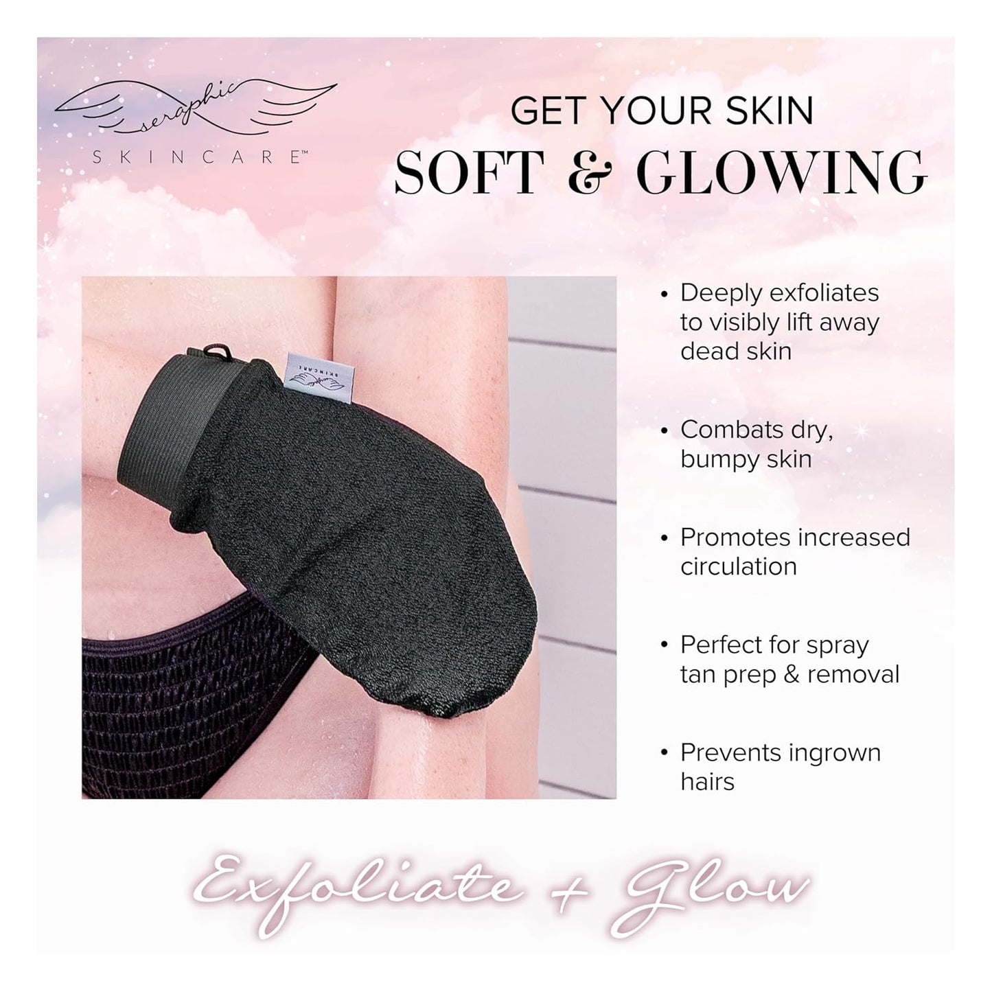 Seraphic Skincare (Original) Premium Exfoliating Mitt for Body (1pc) & Back Exfoliator – Body Exfoliator for Self-Tan Removal – Dual-Sided Back Scrubber for Deep Exfoliation & Cleansing