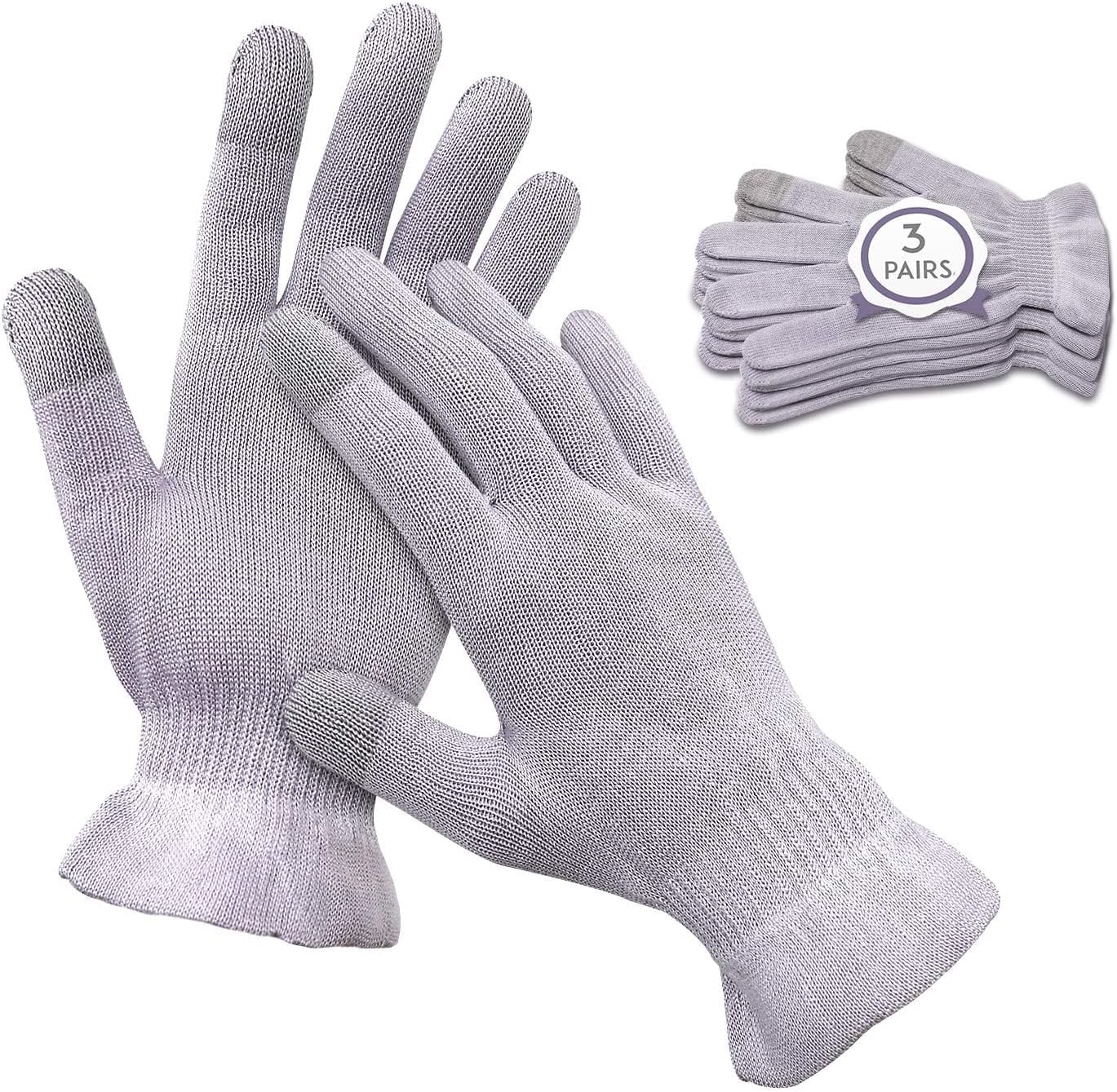 MIG4U Moisturizing Beauty Gloves Touchscreen Overnight Sleeping Glove for Women Dry Hands, Nighttime Lotion, Eczema, SPA, Cosmetic Treatment, Grey Purple 3 Pairs Size L/XL