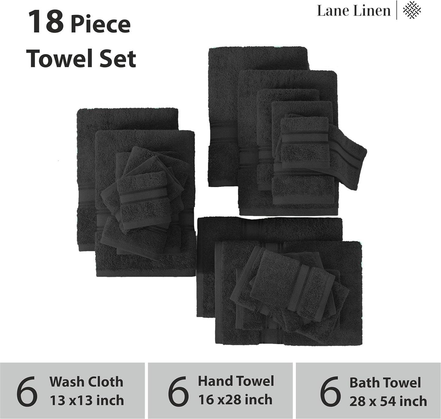 LANE LINEN Luxury Bath Towels Set- 100% Cotton Bathroom Towels, Zero Twist, Quick Dry Shower Towel, Extra Aborbent Super Soft, 6 Bath Towel, 6 Hand Towels, 6 Wash Cloths - Black (18 PC)