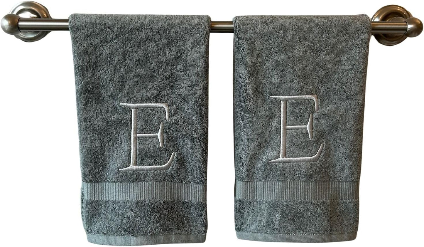 Gray Initial Hand Towel for Bathroom - Monogrammed Luxury Hotel Quality Decorative Embroidered Towel for Powder Room, Spa - GOTS Organic Certified - Set of 2 Silver Letter E