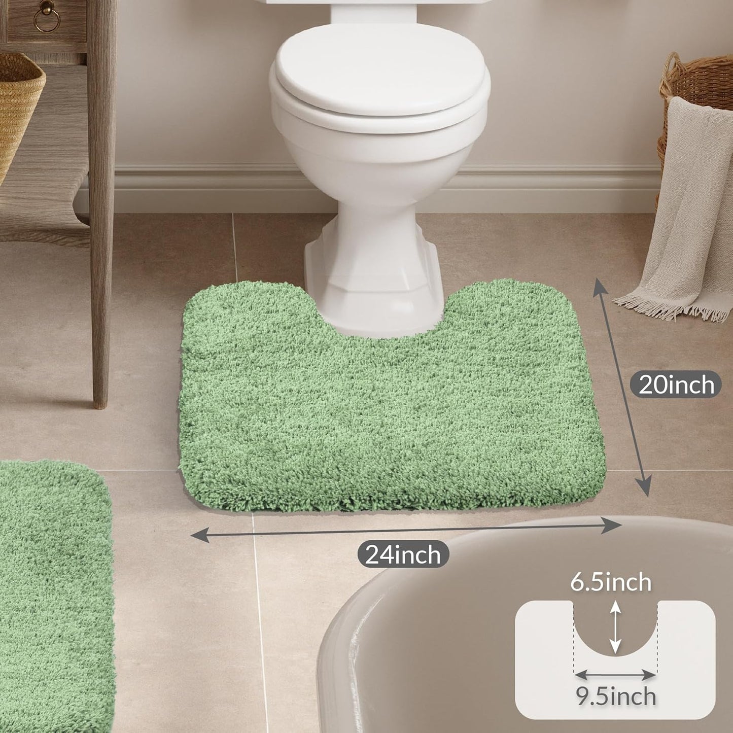 Walensee Contour Rug (20x24, Sage Green) Non Slip Bath Mat, Soft Microfiber Shaggy Mat, Machine Washable U Shape Toilet Rug