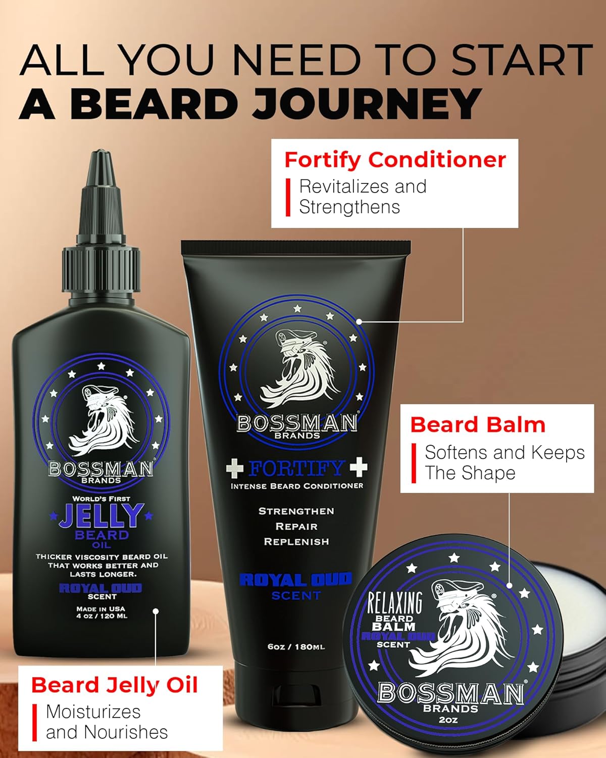 Bossman Essentials Beard Kit for Men, Set of 3 - Beard Oil Jelly, Fortifying Conditioner Cream, Beard Balm - Grooming Growth Care Accessories - Gift Set for Men (Royal Oud)