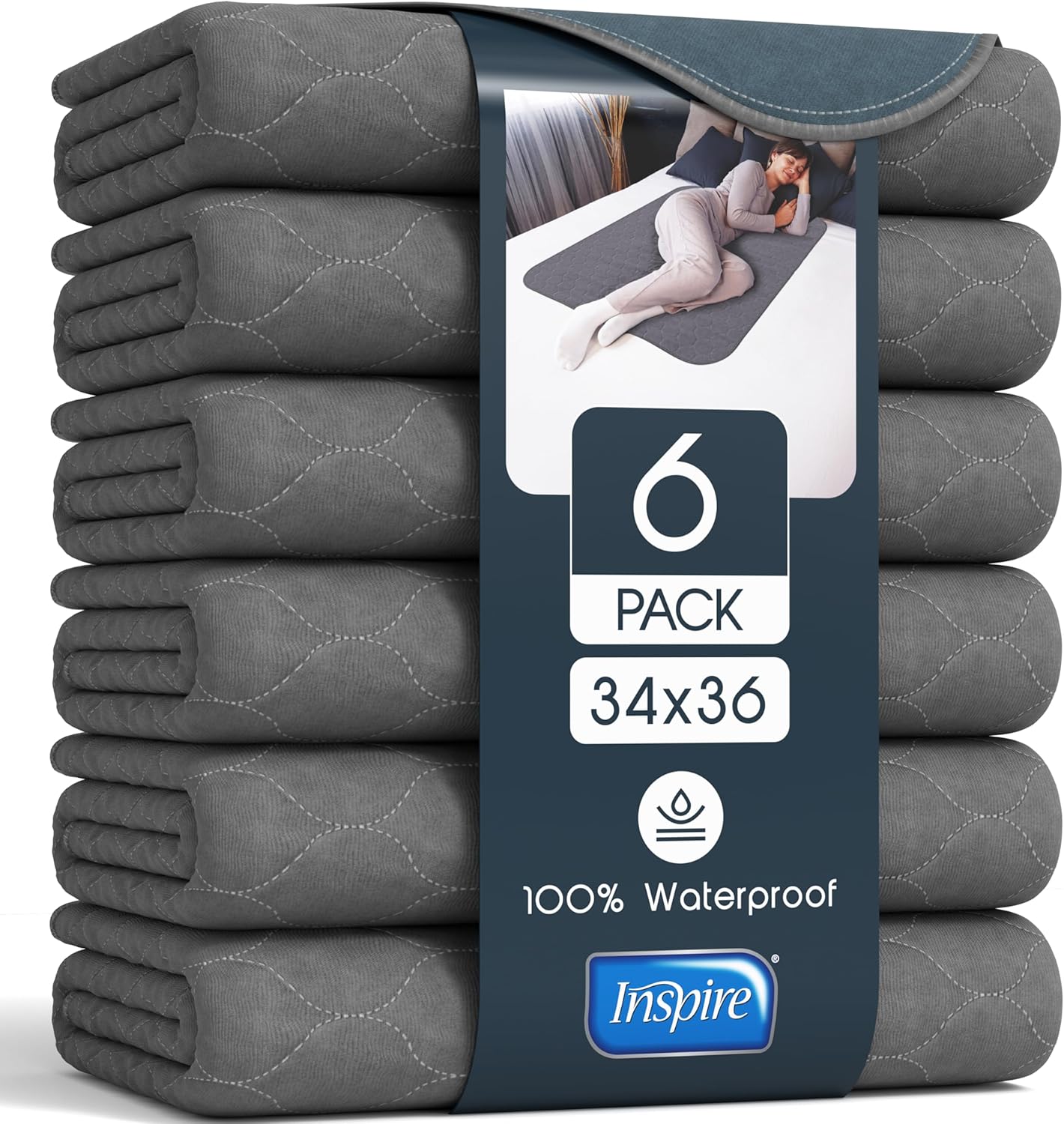 Inspire Underpads | Stain Hiding Gray Reusable Incontinence Bed Pads | Waterproof Mattress Pad | for Adults Babies and Dogs (34 X 36 - 6 Pack)