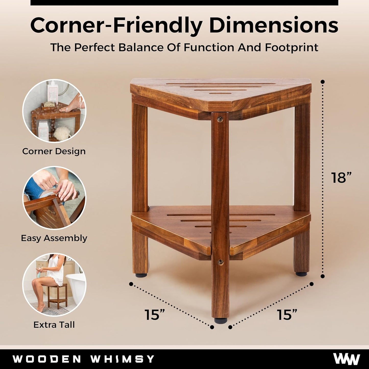 Teak Corner Shower Bench with Matching Soap Holder - Sturdy Waterproof Bathroom Stool Chair with Storage Shelf for Bathing Supplies - Bath Seat and Foot Rest for Shaving Legs - 15" x 15" x 18"