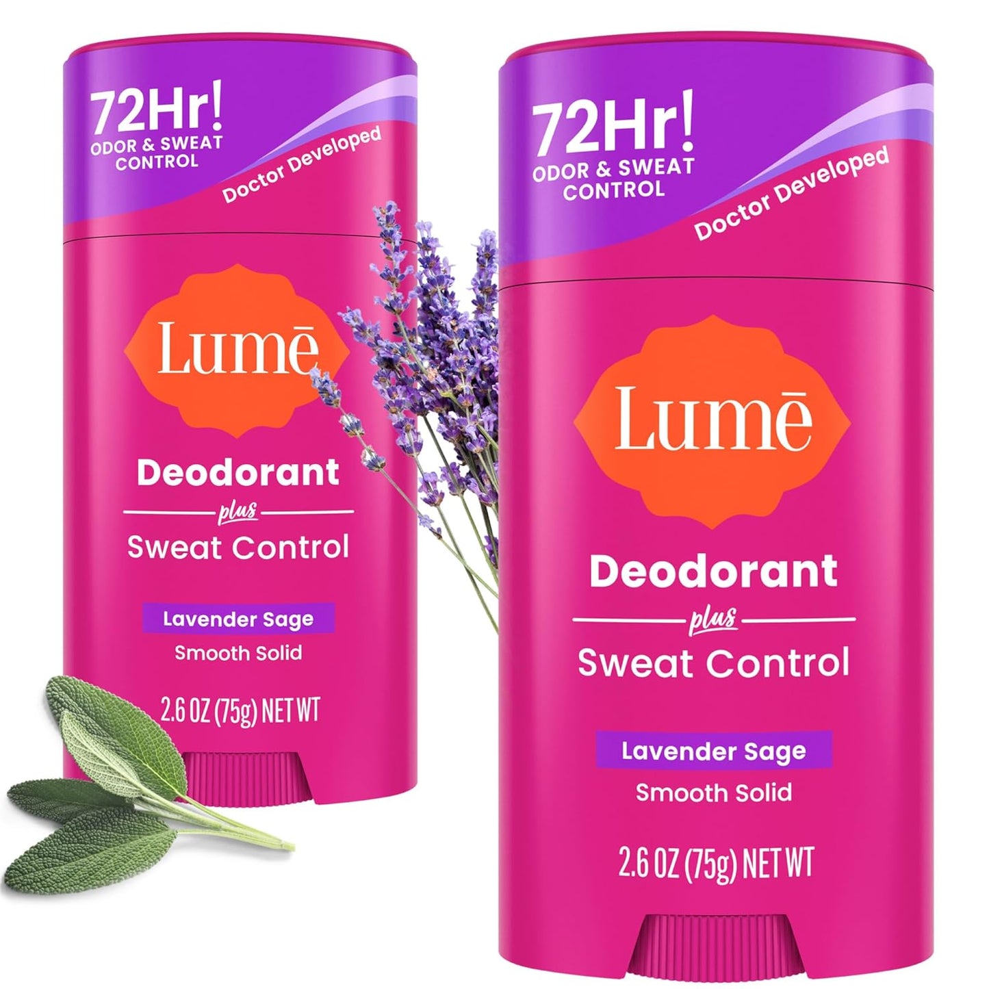 Lume Deodorant Plus Sweat Control - Smooth Solid Stick - Extra Strength Antiperspirant - 72 Hour Odor And Sweat Control - Baking Soda Free, Skin Loving - 2.6 ounce (Lavender Sage) Pack of 2