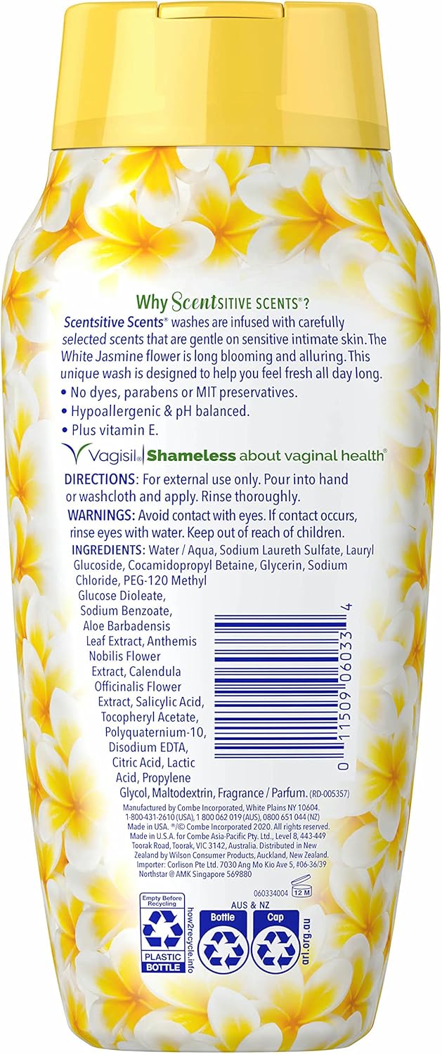 Vagisil Feminine Wash for Intimate Area Hygiene, Scentsitive Scents, pH Balanced and Gynecologist Tested, White Jasmine, 12 oz (Pack of 1)