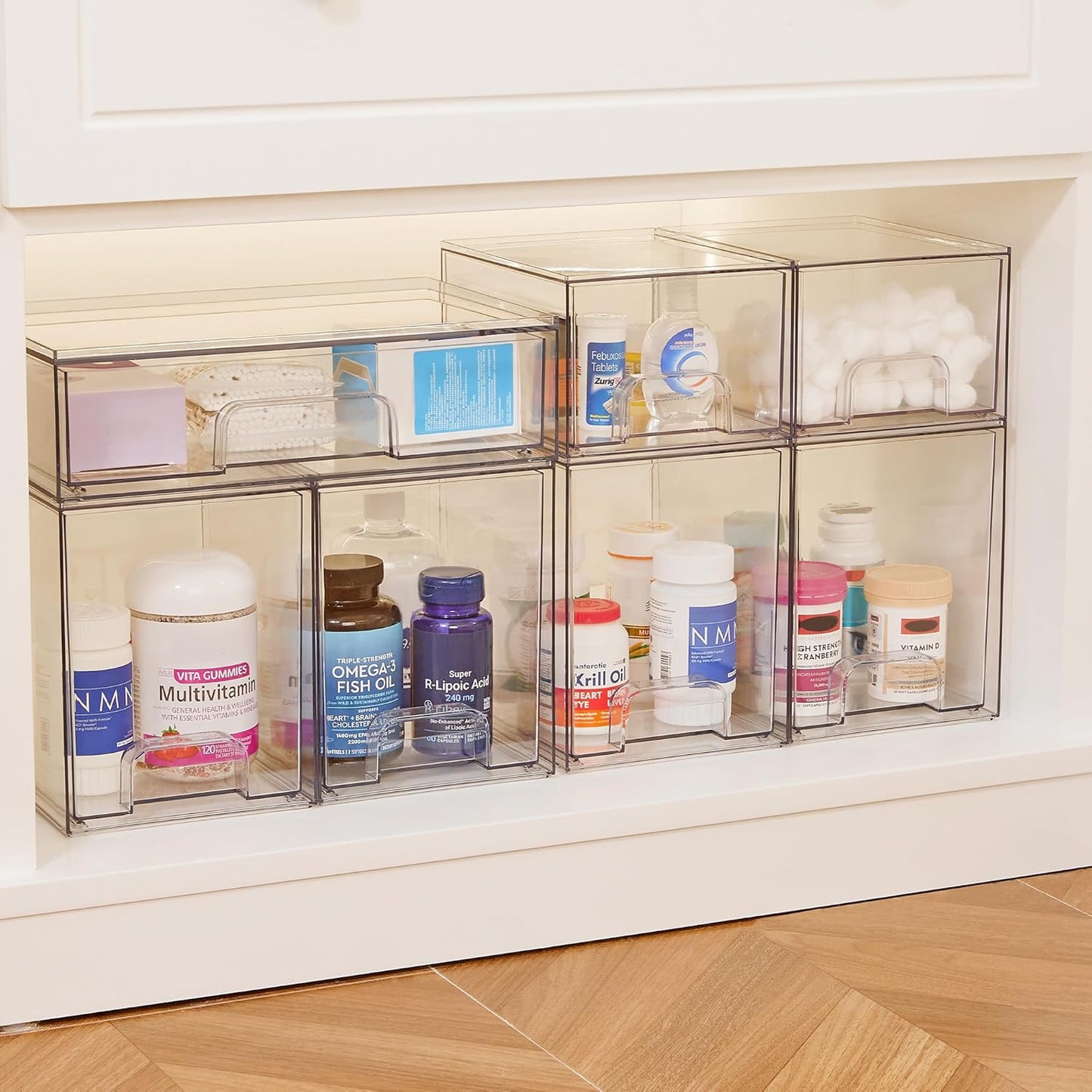 Vtopmart Clear Stackable Storage Drawers Set of 4, Plastic Organizer Bins for Makeup, Cosmetics, Beauty Supplies,Ideal for Vanity, Bathroom,Cabinet,Pantry Organization