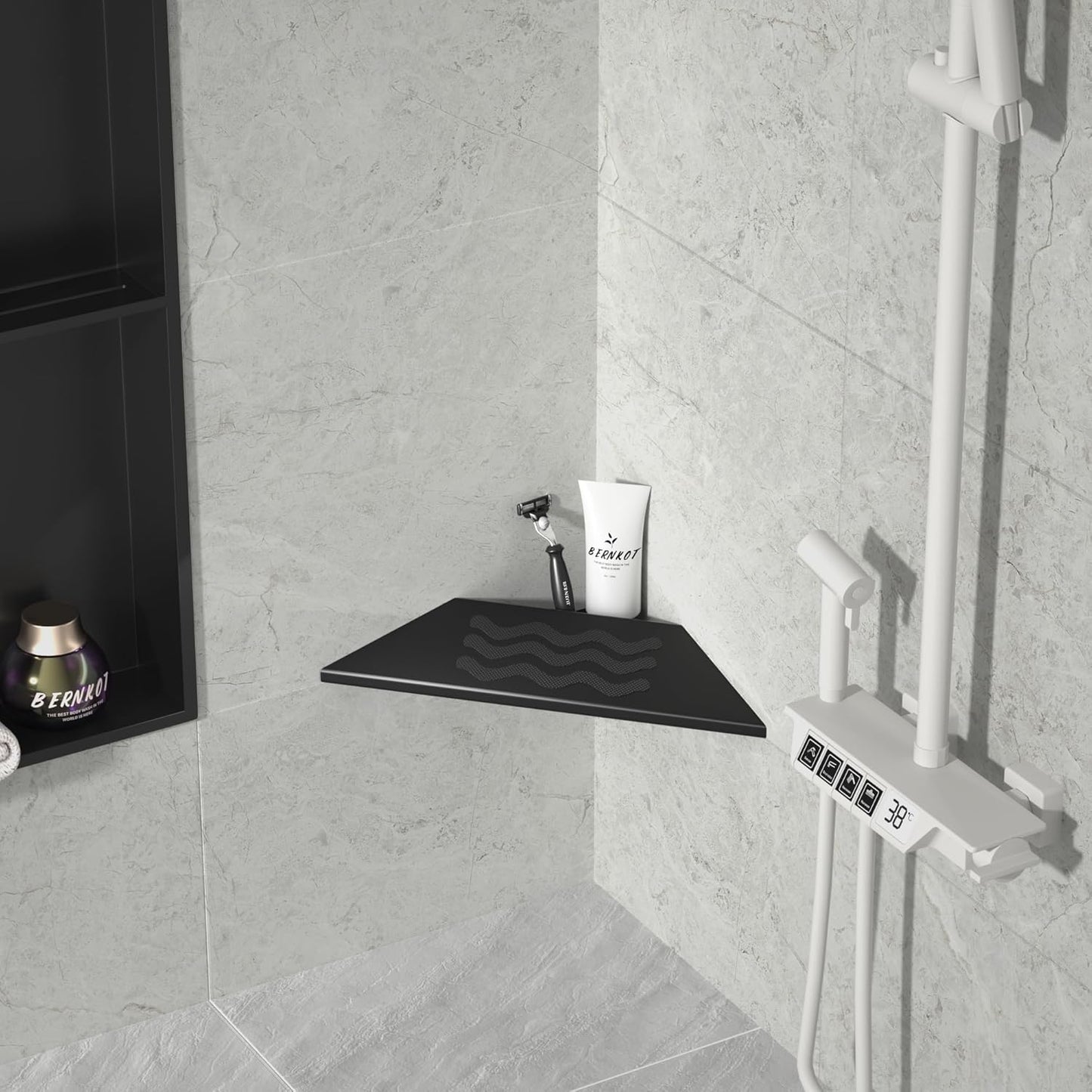 10'' Corner Foot Rest for Shaving Legs, Wall Mounted Foot Ledge for Bathroom Inside Shower, 304 Stainless Steel Footrest with Shaving Holder (Black)