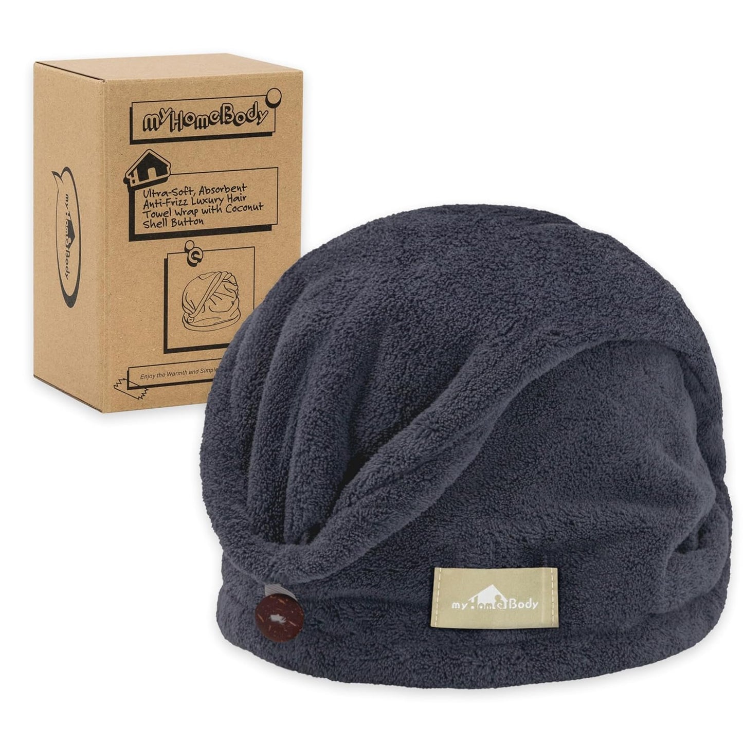 myHomeBody Hair Towel Wrap, Luxury Quick Drying Turban, Ultra Soft Absorbent Charcoal Fiber Cap, with Coconut Shell Button – Midnight Blue