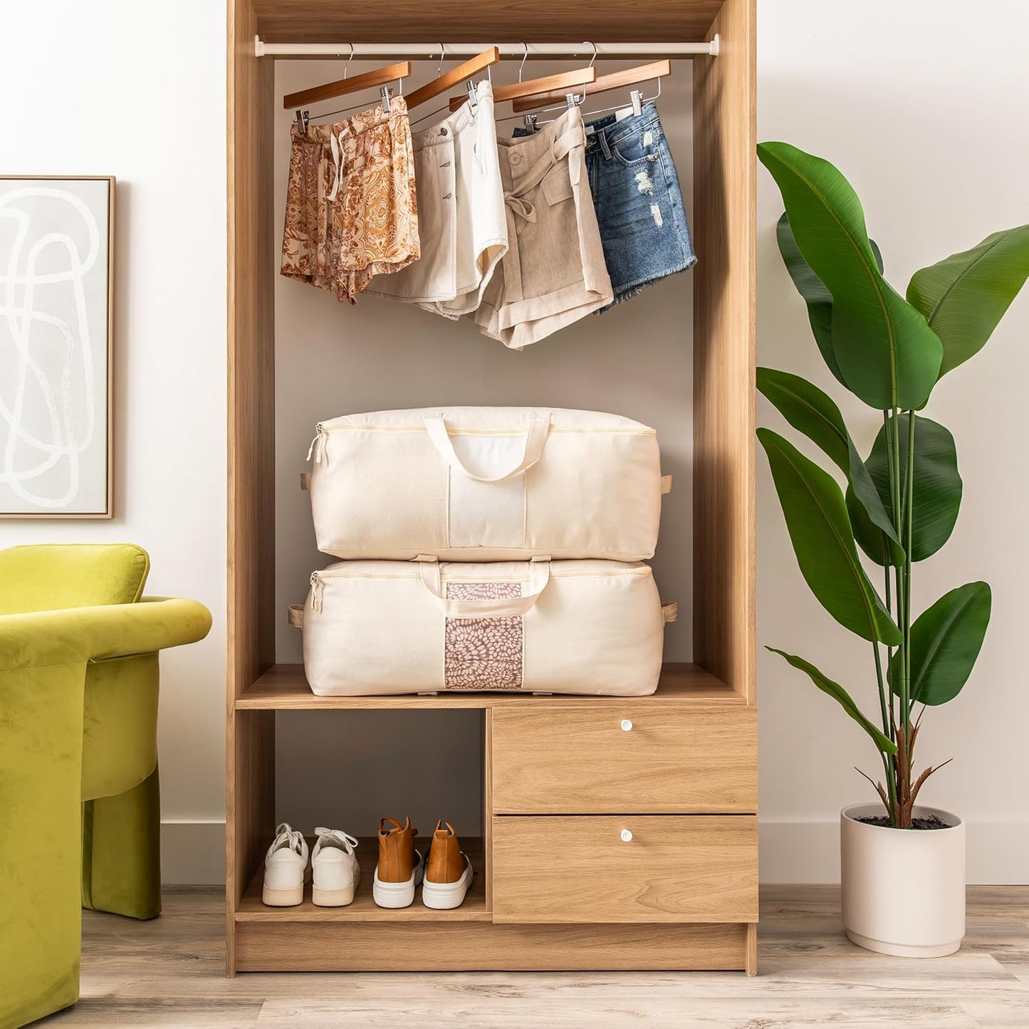 Soft Canvas Storage Bags with Zipper. Thick Breathable, 2pc King/Queen Comforter Organizer. Four Carrying Handles and Window. Large 25x19x9in Bag for Sheets Blankets Bedding Pillows, Clothes