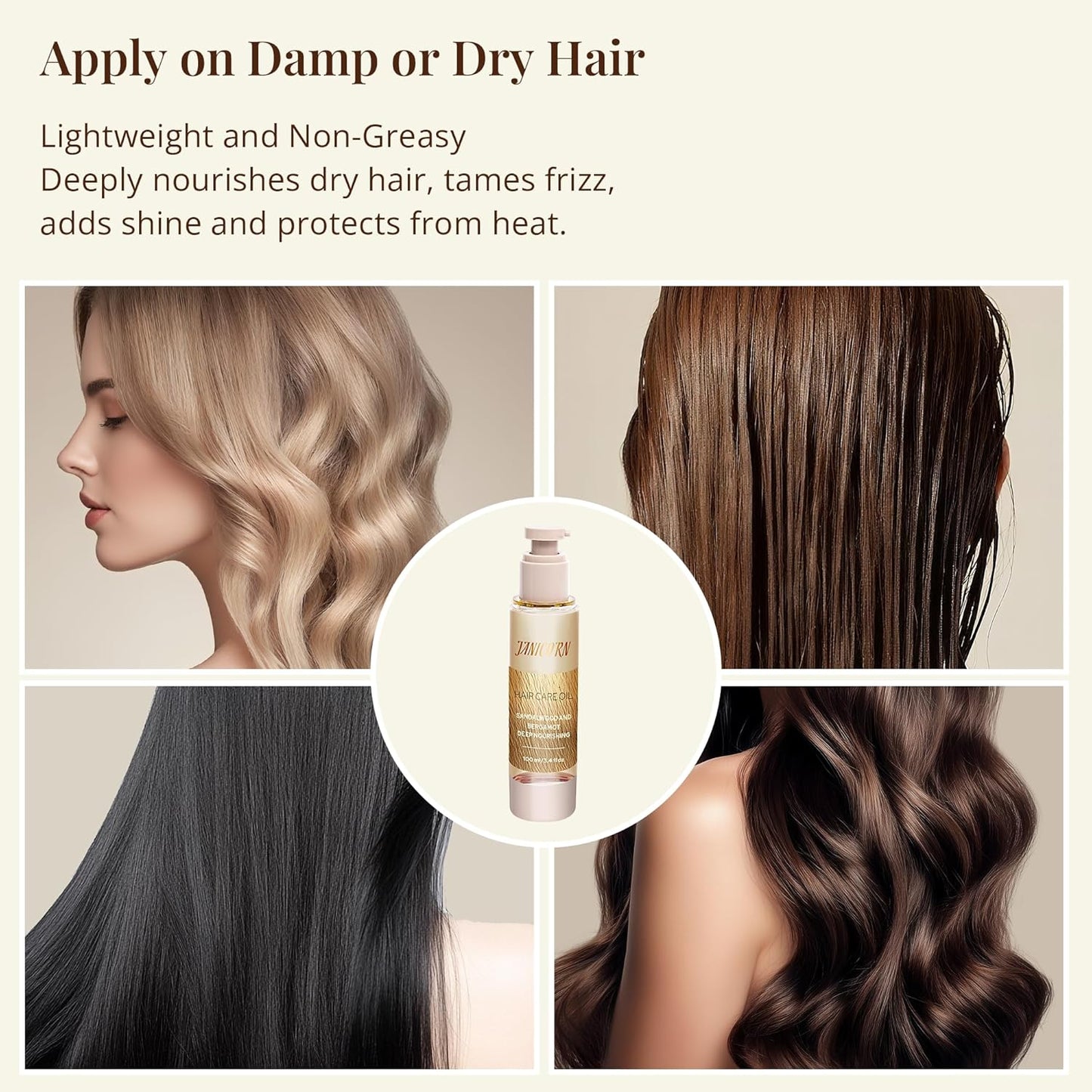Leave-In Hair Oil with Sandalwood & Bergamot Essential Oils – Lightweight Frizz Control, Shine Enhancer & Heat Protection for Daily Hair Care – No-Rinse Oil, 3.4 fl oz (100ml)