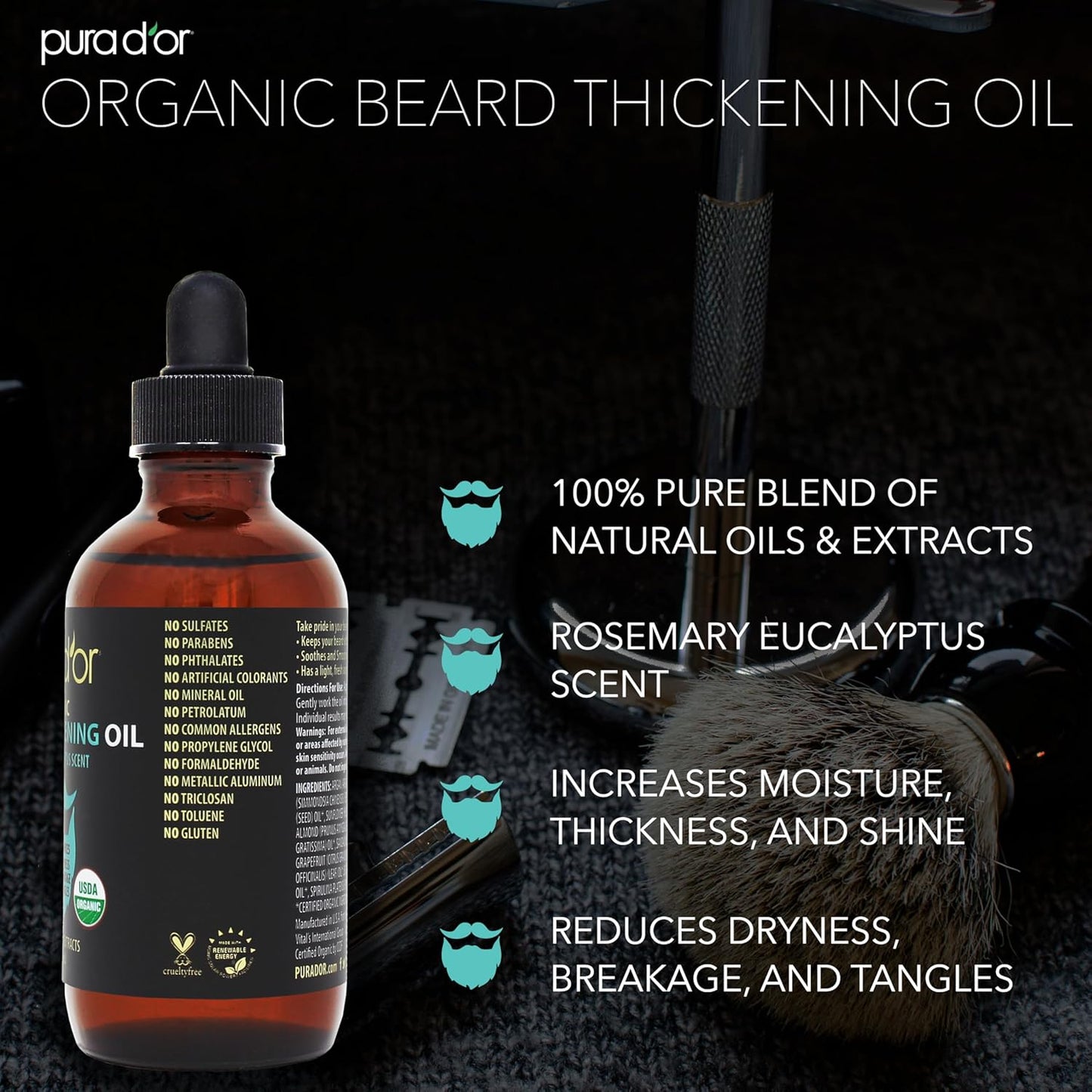 PURA D'OR 4 Oz Thickening Beard Oil – Moisturizing Blend with Rosemary, Biotin & Castor Oil – Increases Moisture, Thickness and Shine - Reduces Dryness and Breakage